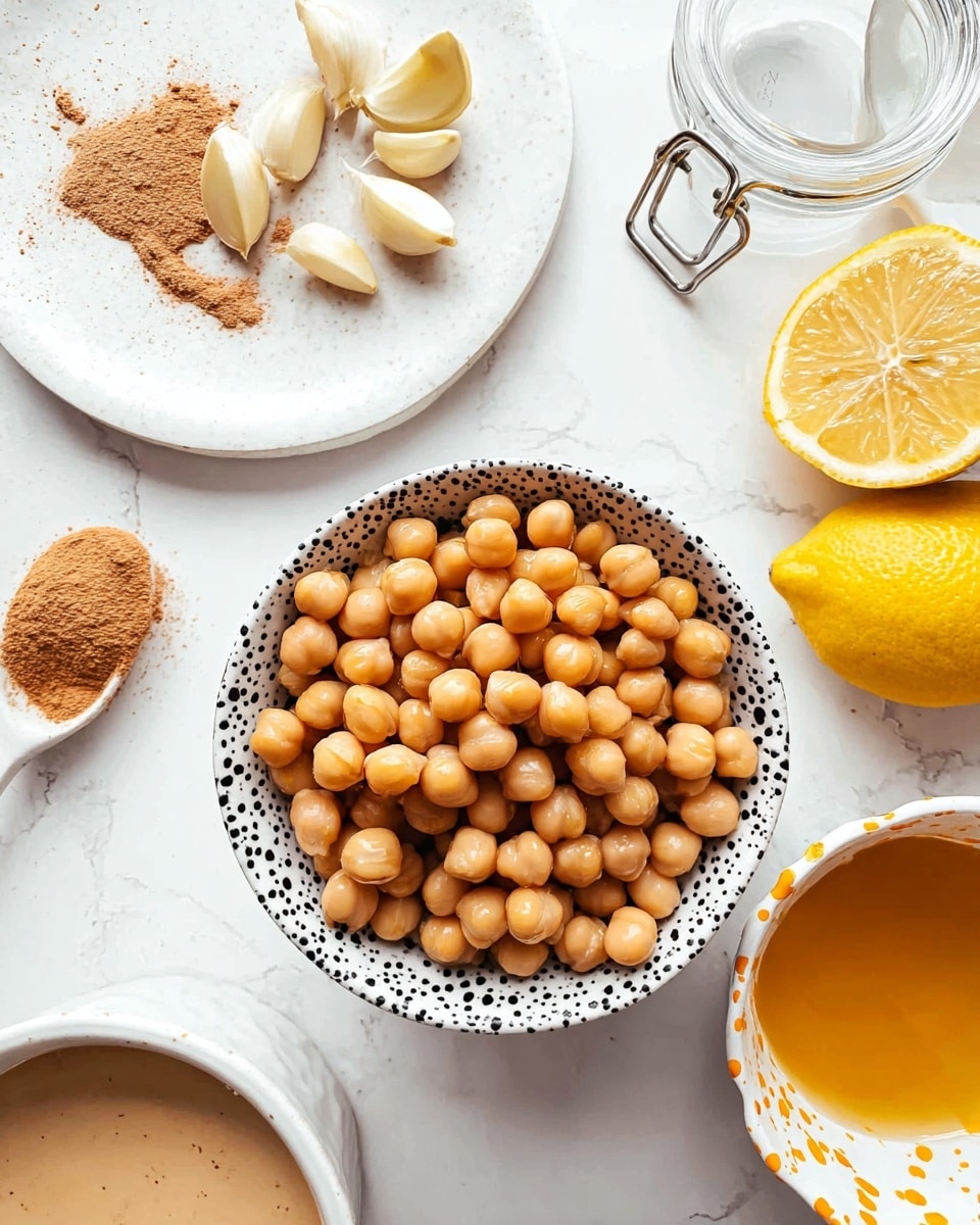 A close view of a small white bowl with black spots, filled with light brown round chickpeas that have a smooth texture, sits near the center on a white marbled surface. To the left, there is a white plate holding three peeled garlic cloves, a rounded spoon filled with brown powder spice, and two sliced yellow lemon halves showing their inside texture. Below this plate is part of another white bowl with black spots containing a creamy beige liquid. At the bottom right of the image, there is a small white cup with orange speckles filled with a golden yellow liquid. On the upper right corner, part of a clear glass jar with a metal clasp is visible, also placed on the white marbled surface. photo taken with an iphone --ar 4:5 --v 7