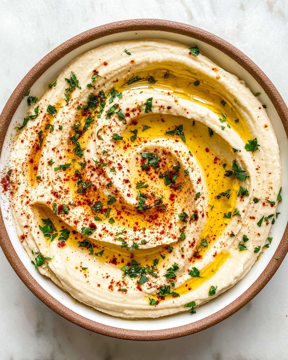 A bowl of creamy white hummus fills the frame, spread in a smooth, swirling pattern. The hummus is topped with a thick layer of golden olive oil that follows the circular swirls, making a shining contrast against the pale base. Scattered over the hummus are small green bits of chopped parsley and a light dusting of red paprika, adding bright green and red specks across the surface. The bowl itself is white with a soft brown rim, resting on a white marbled surface. photo taken with an iphone --ar 4:5 --v 7