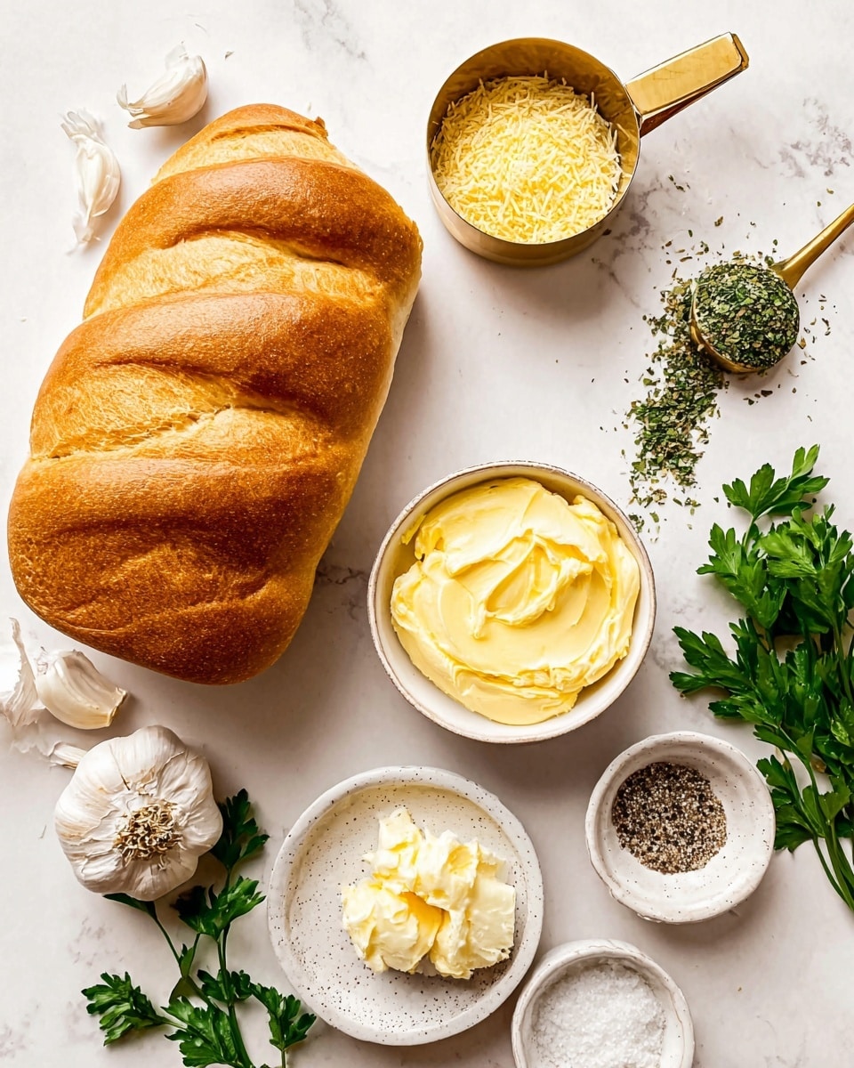 A large loaf of golden brown bread with a light crust is placed on the left side on a white marbled surface. To the right, there is a small white bowl filled with smooth, creamy yellow butter. Above this bowl, a brass measuring cup holds grated cheese. Next to it, a white ceramic spoon contains green dried herbs. A white plate with light speckles holds peeled garlic cloves and a smaller bowl with mashed garlic. Small piles of coarse salt and cracked black pepper in separate small white bowls are arranged near the lower part of the image. Fresh green parsley leaves fill the right lower corner, adding a fresh touch. Photo taken with an iphone --ar 4:5 --v 7
