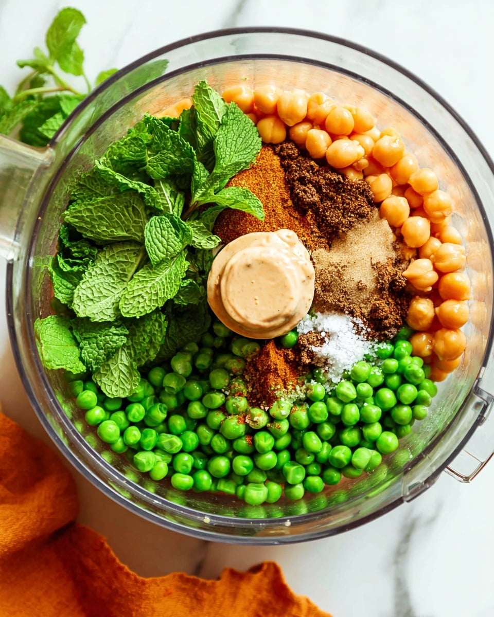 Inside a clear food processor bowl, there are four main layers visible. The bottom layer is made of round, orange chickpeas forming a solid base. On top of this, bright green fresh mint leaves are loosely spread, showing their detailed veins and texture. Above the mint leaves, vibrant green peas are placed, some close to the bowl edges, creating a ring around the central area. In the center, there is a mix of light beige tahini sauce being poured, dark brown spices sprinkled with a fine texture, and small white grains of salt, all sitting on top of the peas. The whole scene is on a white marbled surface, with an orange cloth partially visible at the lower left corner. photo taken with an iphone --ar 4:5 --v 7