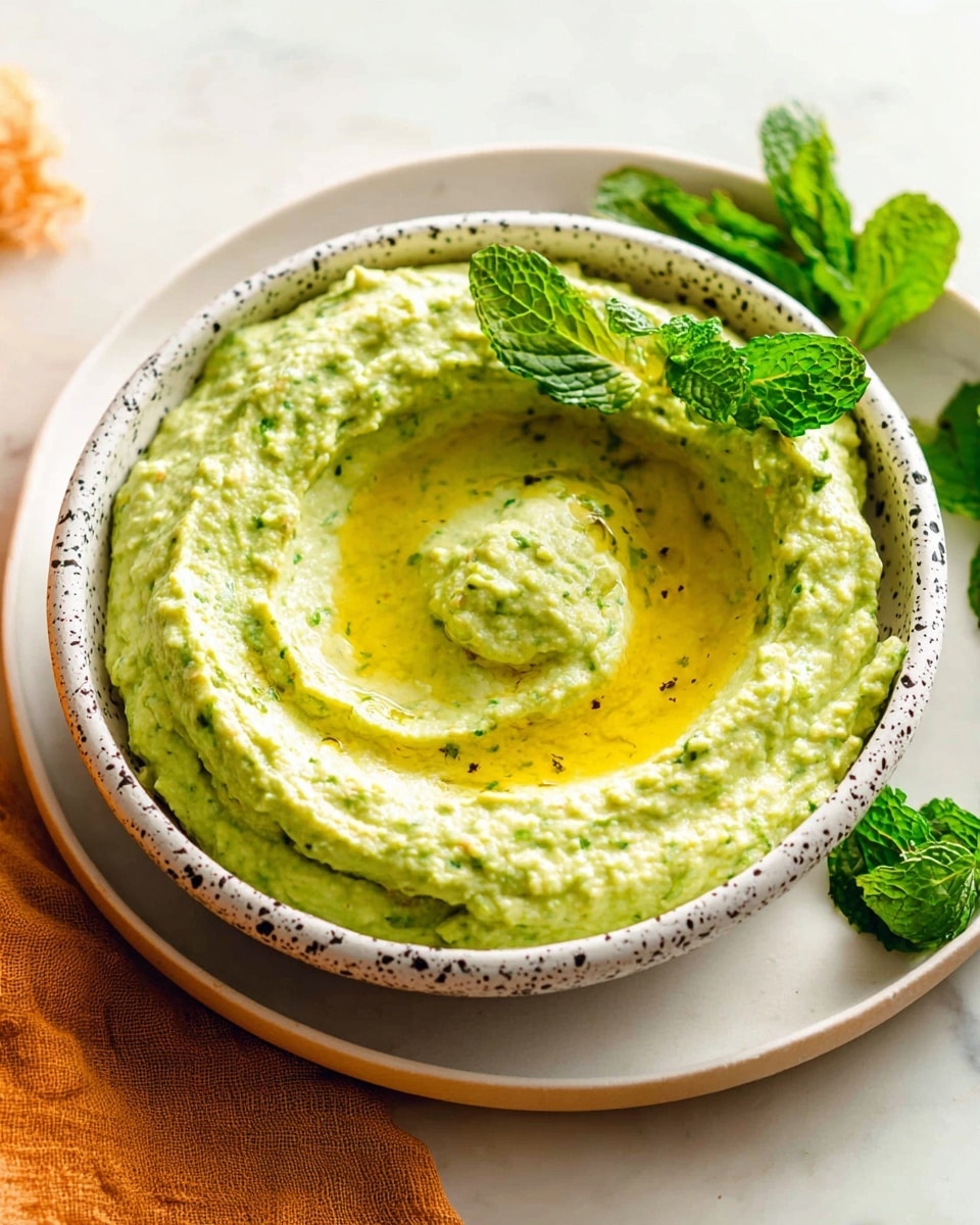 A white bowl with black speckles holds a creamy green dip with a smooth, slightly chunky texture. The dip has a swirl in the middle filled with golden olive oil, giving a glossy look. The bowl is placed on a white plate, all set against a white marbled surface. Fresh green mint leaves rest beside the bowl, and a soft, orange cloth is seen in the corner. photo taken with an iphone --ar 4:5 --v 7
