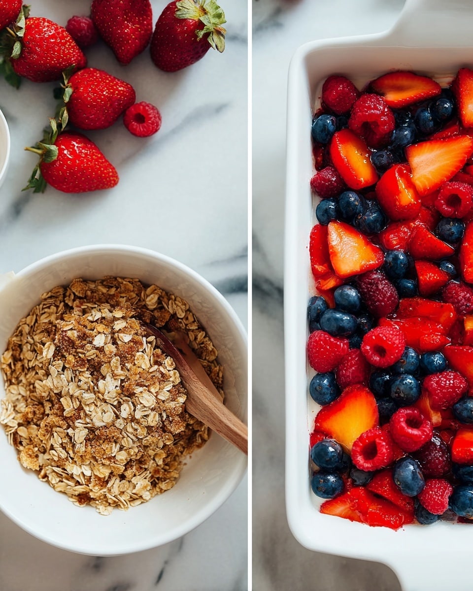 The image shows a white square baking dish filled with layers of fresh mixed berries, including sliced strawberries, blueberries, and raspberries, arranged mostly on top with bright red, blue, and some orange tones. Below the dish, there is a round white bowl with a crunchy golden oat mixture, looking crumbly and textured. The scene is set on a white marbled surface. Photo taken with an iphone --ar 4:5 --v 7