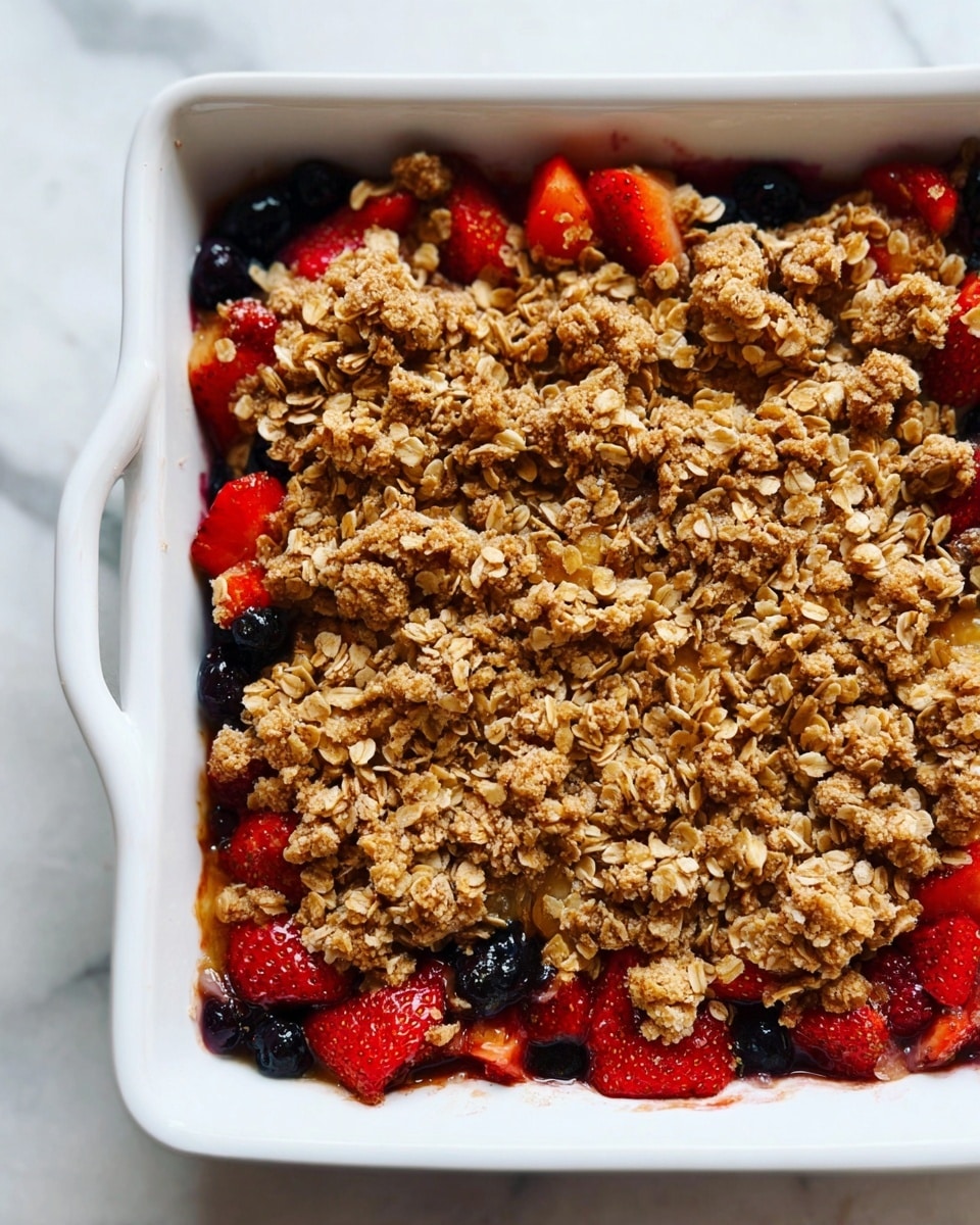 The image shows a white baking dish with two layers: the bottom layer is a mix of fresh red strawberries and dark blue blueberries, and the top layer is a thick, crumbly oat topping that is golden brown and coarse in texture. The dish sits on a white marbled surface, and the oat topping is unevenly spread, revealing bits of the berries underneath. The overall look is rustic and hearty, with a mix of bright and warm colors. Photo taken with an iphone --ar 4:5 --v 7