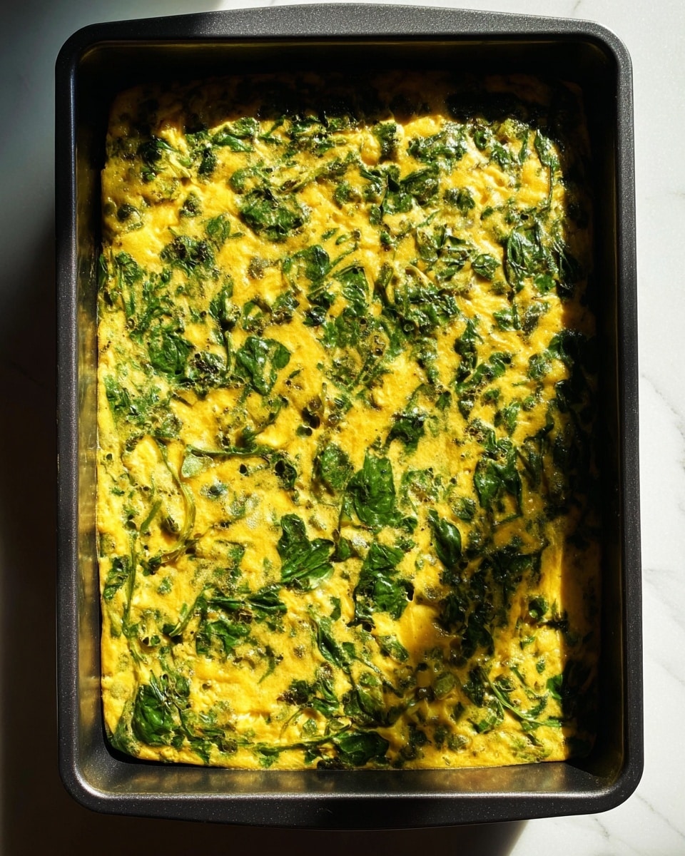 A rectangular black baking pan filled with a spinach and egg mixture that covers the pan evenly in one layer. The top layer is mostly yellow from the cooked eggs, with many pieces of bright green spinach scattered throughout. The mixture has a soft and slightly bumpy texture, showing small pockets where the greens are visible. A portion of the dish is partly covered by soft shadow, giving a natural light effect. The pan rests on a white marbled surface. Photo taken with an iphone --ar 4:5 --v 7