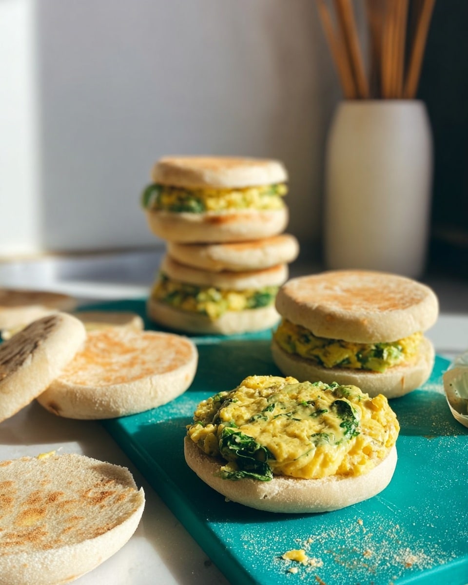 The image shows several English muffins on a teal cutting board against a white marbled surface. One open muffin is topped with a cooked egg layer mixed with green leafy vegetables, showing a yellow and green color with a slightly rough texture. Next to it are muffin tops waiting to be placed. Behind, two stacks of sandwiches are visible, each sandwich made of two muffin halves with the same egg and green filling in the middle. The background has soft light and a tall white vase with wooden sticks, adding a warm, cozy feel to the scene. photo taken with an iphone --ar 4:5 --v 7