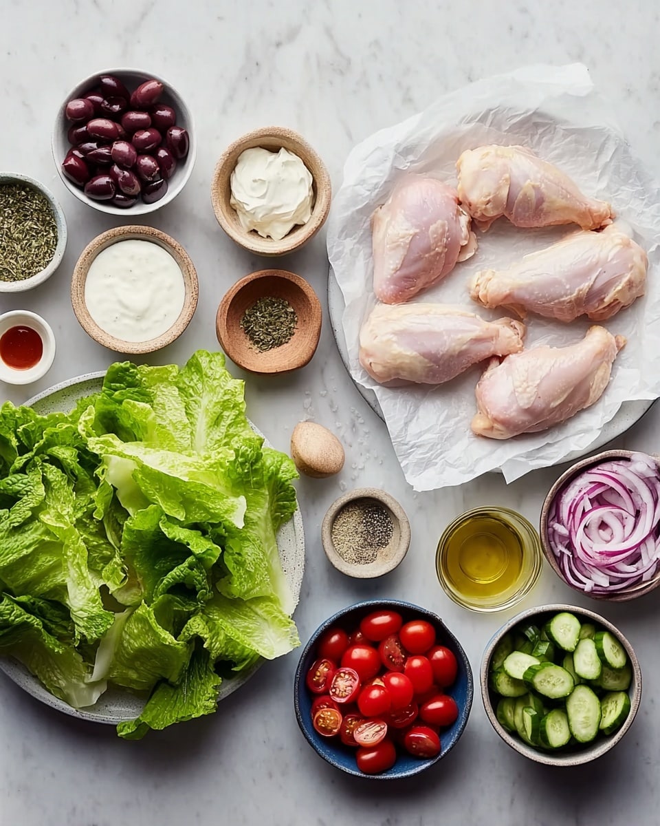 The image shows a white plate on the left filled with fresh green lettuce leaves. To the right, there are three raw chicken pieces placed on a sheet of white parchment paper. Around them are small bowls: one with dark purple olives, another with sliced red onions, a bowl with sliced cherry tomatoes, and another filled with cucumber slices in a dark bowl. There are also small bowls with white cream, light tan powder, a reddish liquid, and darker sauces. Two bowls hold dry herbs and spices, with salt and pepper in small wooden or stone containers. Everything is arranged on a white marbled surface. Photo taken with an iphone --ar 4:5 --v 7