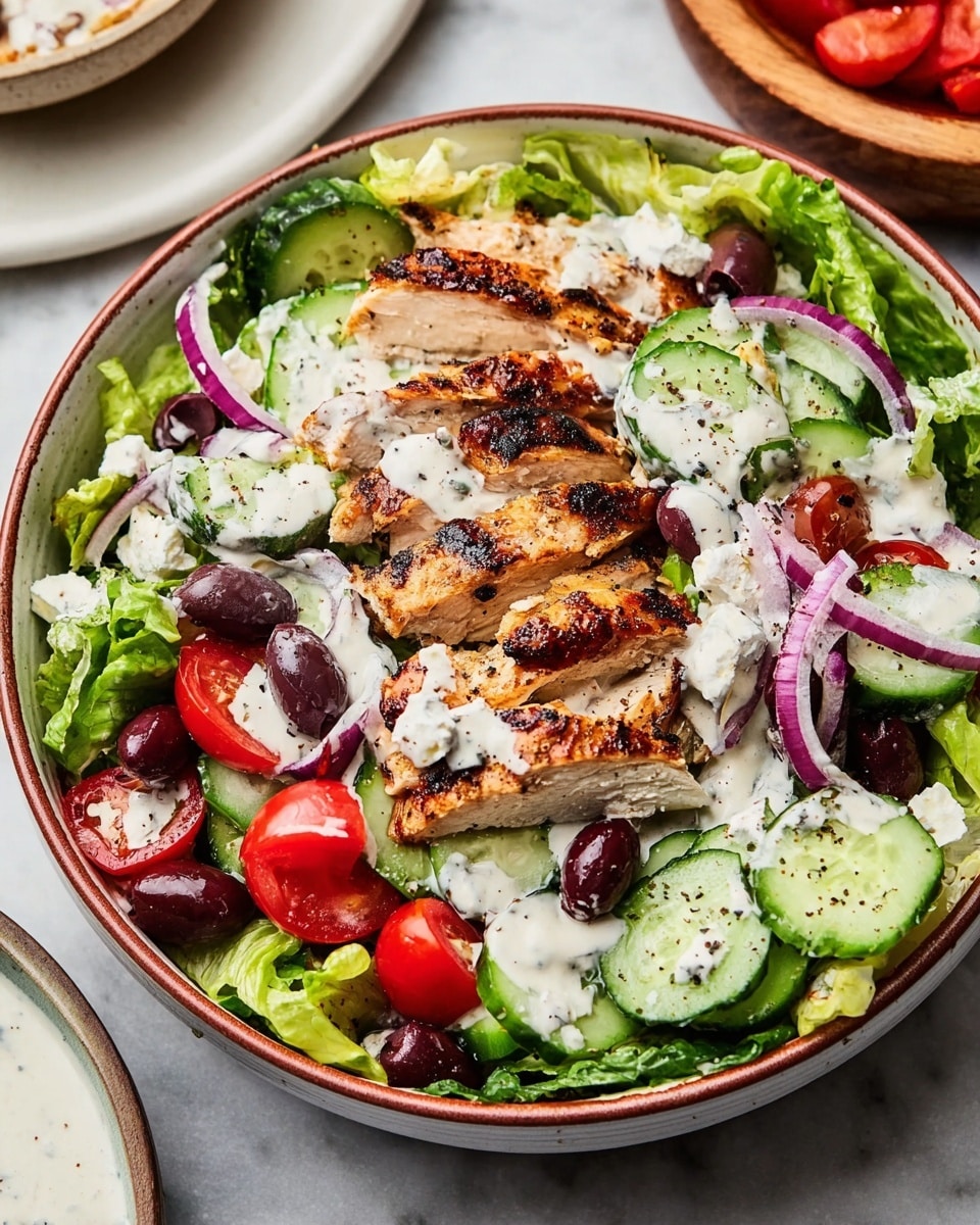 A white bowl filled with a fresh salad layered with green romaine lettuce at the bottom, topped with slices of grilled golden-brown chicken arranged in the center. Scattered on top are bright red tomato wedges, dark purple olives, light green cucumber slices, and thin rings of red onion. The salad is covered with a creamy white dressing drizzled over everything, with a sprinkle of black pepper visible on the vegetables and chicken. The bowl sits on a white marbled textured surface with parts of a white plate and a wooden salad bowl touching the edges of the frame, and a woman's hand partly holding the salad bowl. Photo taken with an iphone --ar 4:5 --v 7