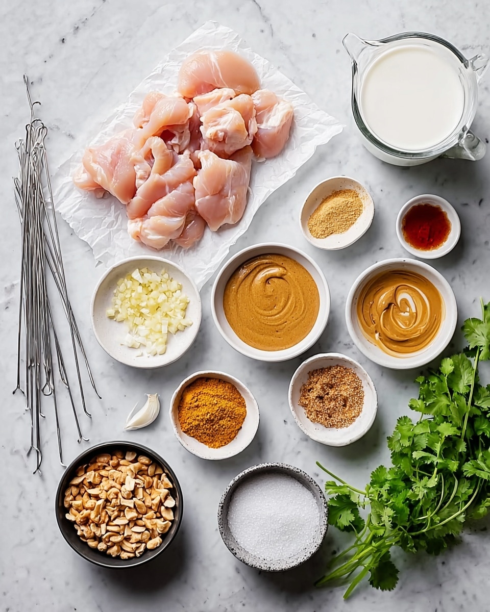 The image shows a flat lay of cooking ingredients arranged neatly on a white marbled surface. On the left side, there are five silver metal skewers and a piece of white parchment paper holding pale pink raw chicken pieces. Surrounding the chicken are small white bowls filled with various ingredients: finely chopped garlic, a light yellow liquid, brown sugar, a reddish spice, turmeric powder, a light brown creamy sauce with swirls, crushed nuts in a black bowl, white sugar, and salt in a small gray bowl. There is also a clear glass jug filled with white coconut milk and a bunch of fresh green cilantro on the right edge. The composition is clean and bright, with soft natural light illuminating the textures and colors of the ingredients photo taken with an iphone --ar 4:5 --v 7