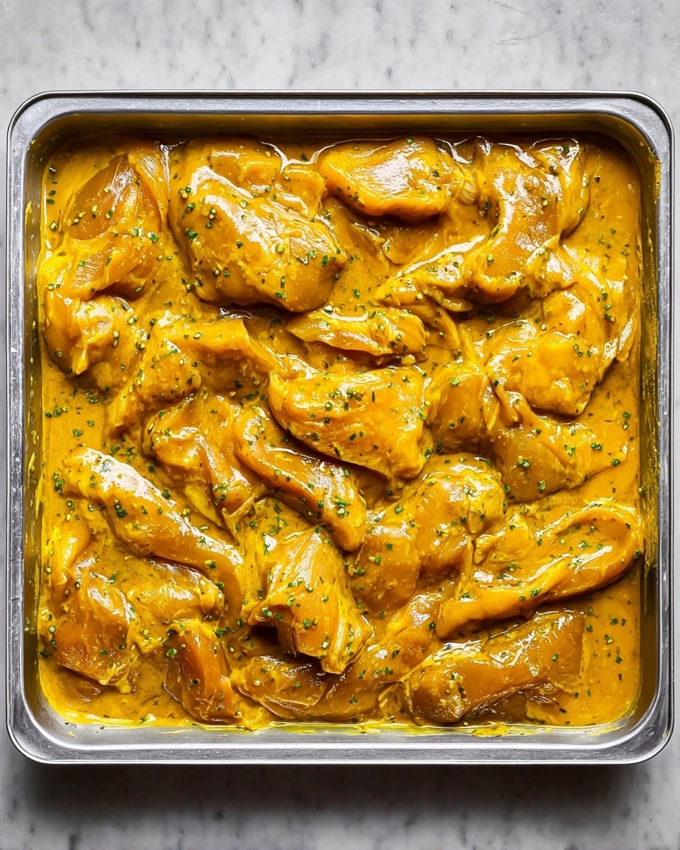 A metal tray filled with about ten pieces of raw meat coated in a thick, bright yellow sauce with some green herbs sprinkled throughout. The meat pieces are arranged flat and close together, covering the entire tray. The sauce is shiny and smooth, evenly covering each piece, with visible bits of herbs adding texture. The background is a white marbled surface. photo taken with an iphone --ar 4:5 --v 7