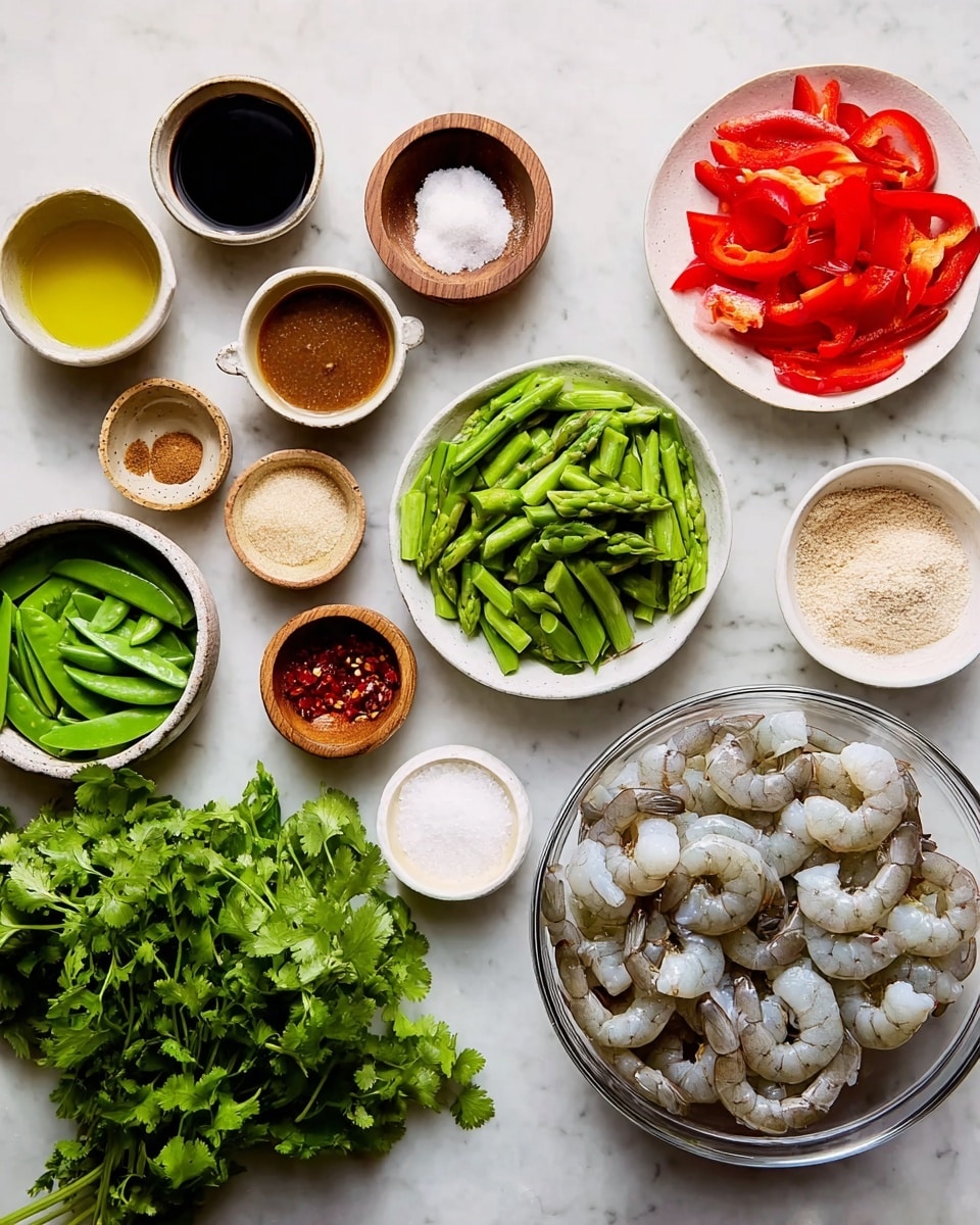The image shows many ingredients laid out neatly on a white marbled surface. On the right side, there is a large clear glass bowl full of raw shrimp, grayish with translucent parts. Next to it, on the top right, is a white bowl with bright red bell pepper slices, thin and fresh. Above the shrimp bowl, on the top center, is a white bowl filled with chopped green asparagus pieces, with a smooth texture. Near the asparagus are smaller white and wooden bowls containing various sauces and spices: a dark brown sauce, light brown sugar, pale yellow oil, a honey-colored liquid, white sesame seeds, and white powder, likely salt or baking soda. There are also small wooden bowls with minced garlic and red chili paste, bright red and textured. On the bottom left, a white bowl holds fresh snow peas, deep green and crisp. Near the bottom corner, there is a large bunch of fresh green cilantro with leafy texture spread out. The whole setup is clean and colorful. Photo taken with an iphone --ar 4:5 --v 7