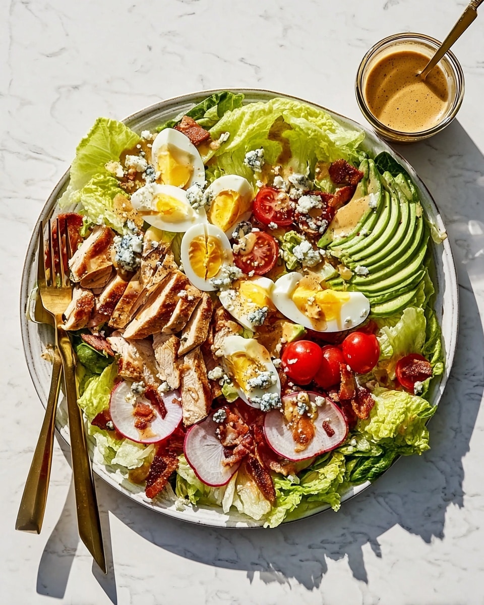 A large white plate holds a colorful salad layered with bright green romaine lettuce leaves at the base, topped with sliced grilled chicken pieces in light brown with a slightly crispy texture, halved boiled eggs showing yellow yolks and white edges, small round red cherry tomato slices, and thin rings of pale pink pickled onions. There are also slices of creamy green avocado arranged in a fan shape, sprinkled with light blue cheese crumbles. Small crispy bacon bits in dark red add texture throughout. On the side of the plate, there is a small glass bowl filled with a light brown mustard dressing with a spoon inside. A gold fork and spoon are placed on the left side of the plate. The dish is presented on a white marbled surface with bright, natural light casting shadows. Photo taken with an iphone --ar 4:5 --v 7
