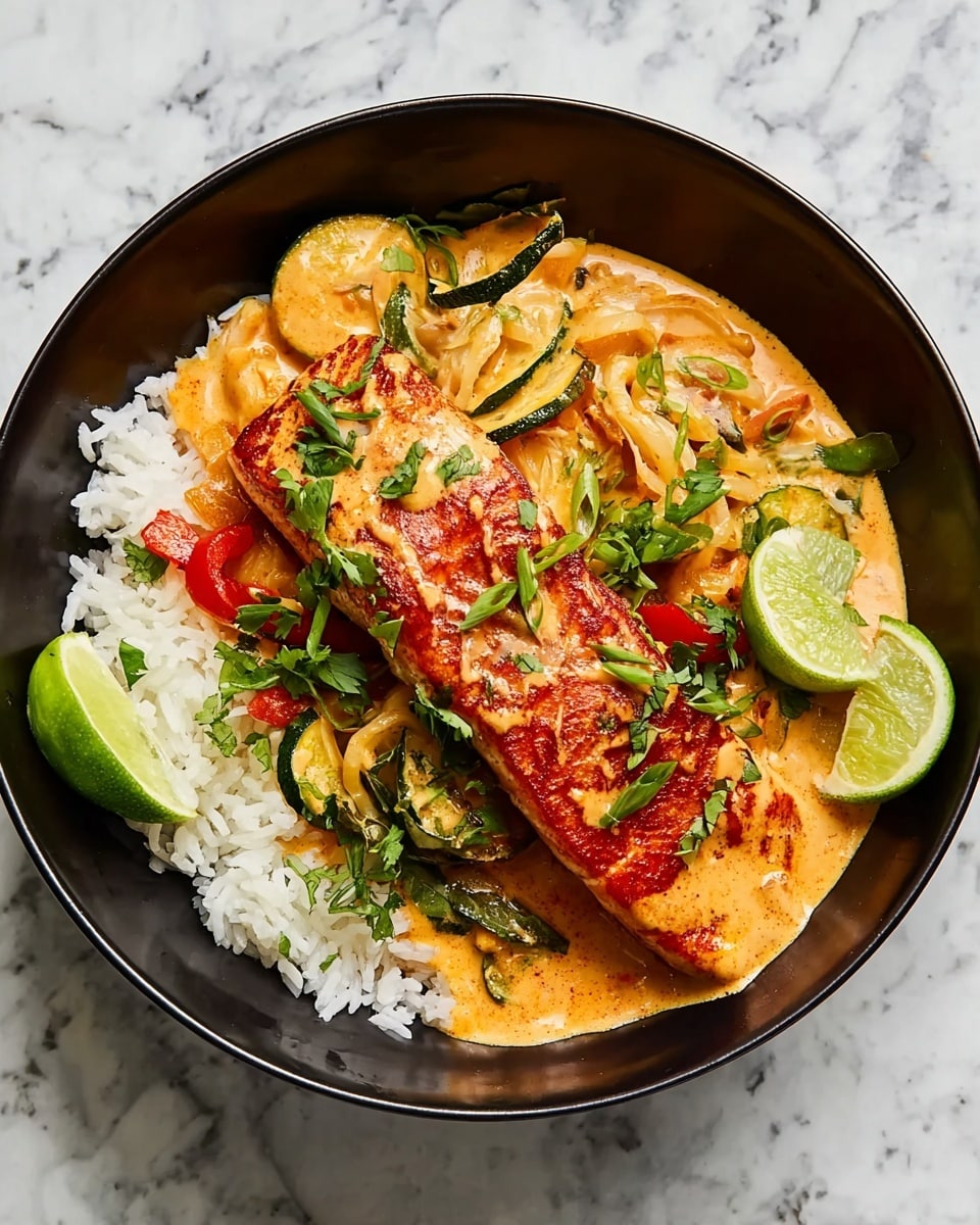 A black bowl holds a serving of white rice as the base layer, topped with a thick, creamy orange sauce that covers a large piece of cooked salmon with a slightly crispy, reddish exterior. Mixed into the sauce are lightly cooked, curved slices of yellow onion, green zucchini rounds, and red bell pepper strips. Fresh green herbs, including chopped cilantro and small spinach leaves, are sprinkled on top, along with finely sliced green onions. Two bright green lime wedges rest on the side near the edge of the bowl. The bowl is placed on a white marbled surface photo taken with an iphone --ar 4:5 --v 7