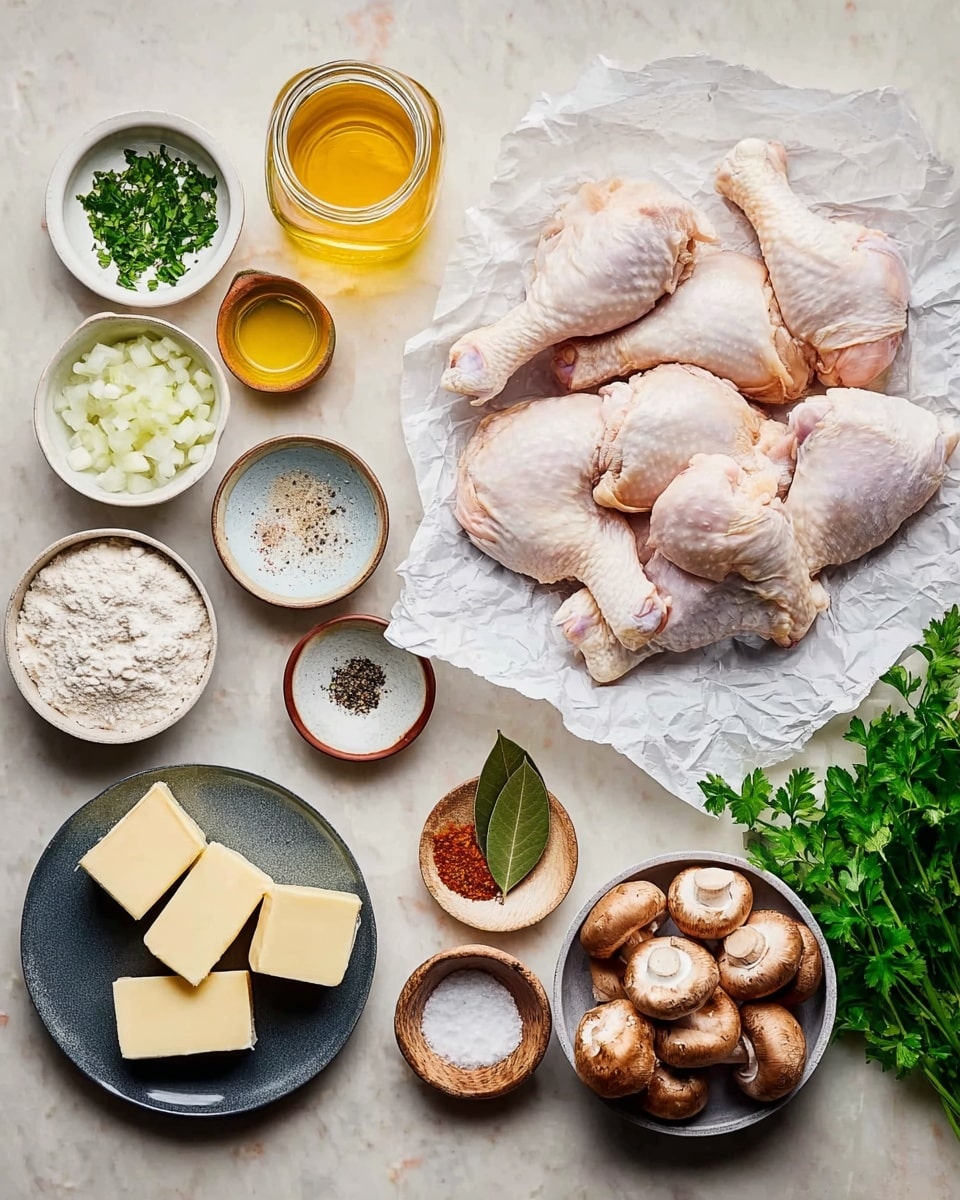 The image shows seven raw chicken drumsticks and thighs stacked on crumpled white parchment paper in the center, surrounded by small bowls on a white marbled surface. On the left, there are small white bowls with chopped green herbs and diced white onions, and a glass jar with golden broth. Below, a dark gray plate holds blocks of butter, next to a brown bowl with black pepper, a small dark blue bowl with minced garlic, another small wooden plate with two bay leaves, and a small white bowl with flour. On the right side, a white bowl contains whole brown mushrooms, a glass with light yellow cooking oil, and small white and black bowls with salt and reddish-brown spice. A bunch of fresh green parsley is placed on the far right. The entire scene is well lit in natural light. Photo taken with an iphone --ar 4:5 --v 7