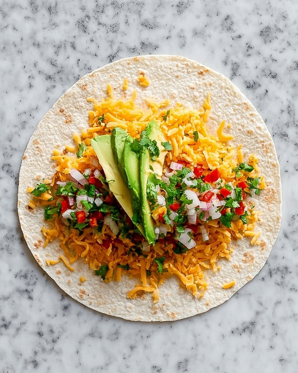 A white tortilla lies flat on a white marbled surface, with a single layer of shredded orange cheese spread in the center. On top of the cheese is a layer of mixed diced vegetables including white onions, red chili pieces, and green cilantro leaves, creating a colorful and fresh look. A half slice of green avocado rests on the vegetable mix, adding a smooth texture and creamy green color to the dish. The layers are arranged neatly in the middle of the round tortilla, showing a fresh and inviting meal preparation photo taken with an iphone --ar 4:5 --v 7