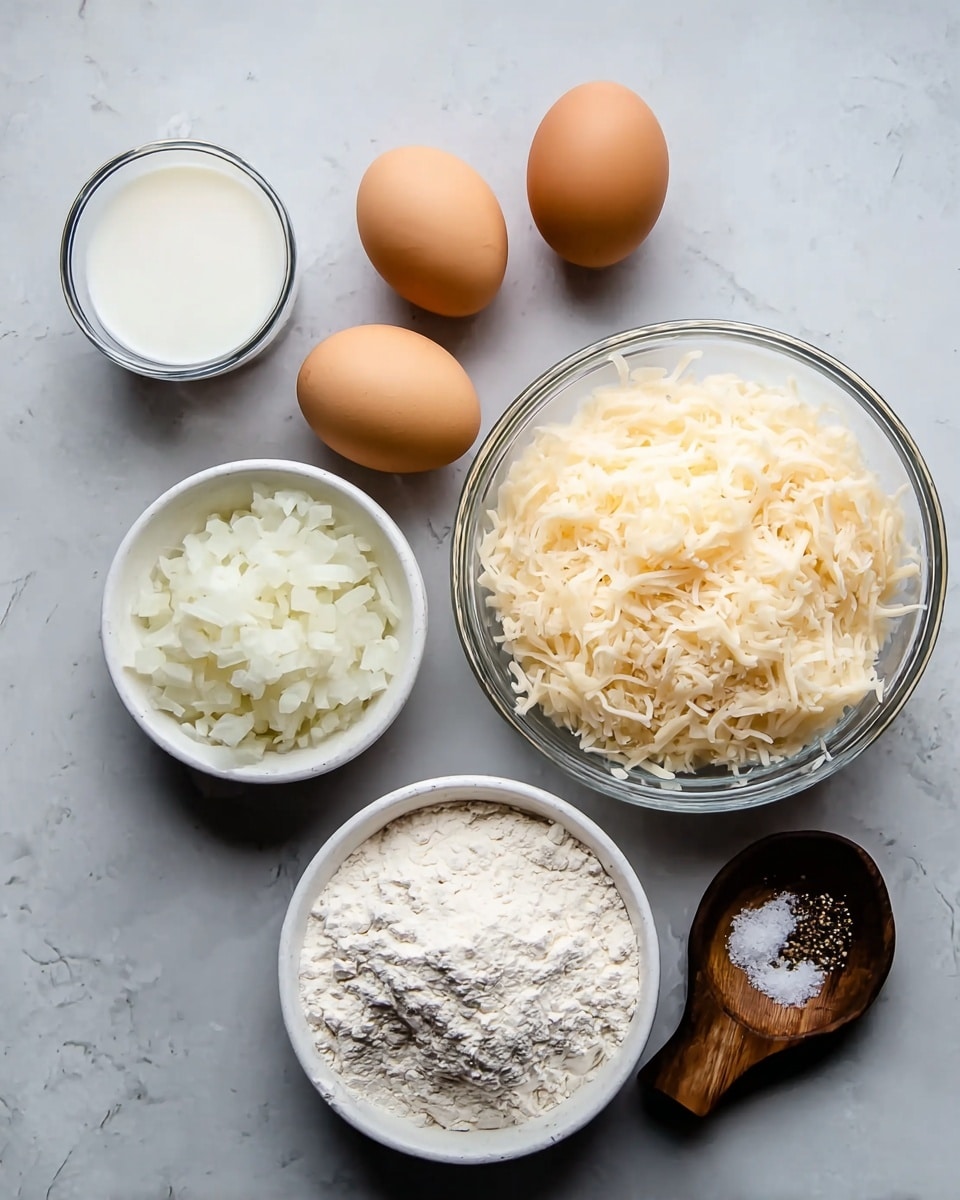 A clear glass bowl filled with pale yellow shredded cheese sits on the right side with a white bowl full of finely chopped white onions on the left. Two brown eggs are placed near the center, beside a small white bowl containing milk. At the bottom left, a white bowl holds white flour, next to a small wooden dish with black pepper and white salt. All items are arranged on a white marbled textured surface. photo taken with an iphone --ar 4:5 --v 7