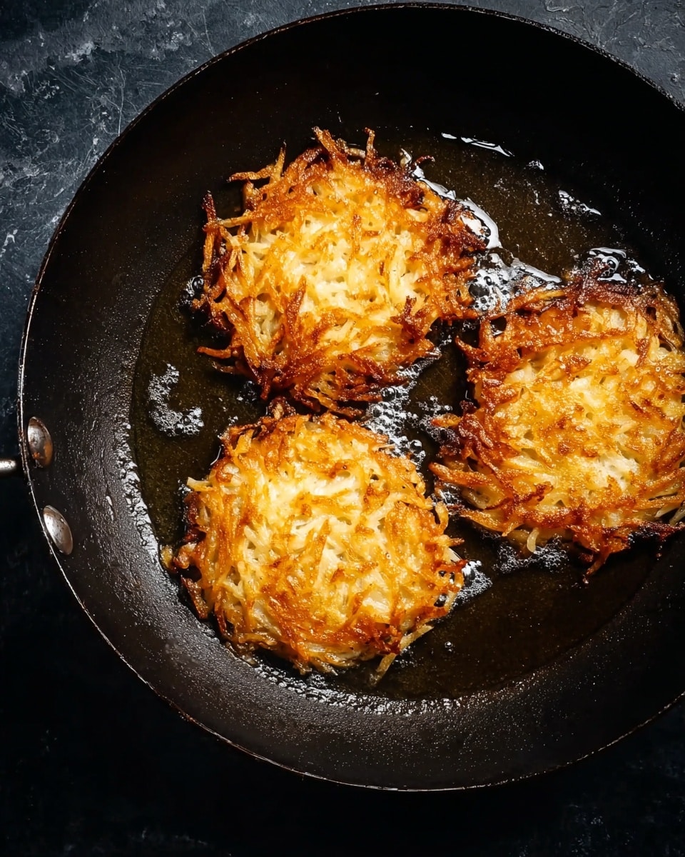 The image shows a black frying pan with three golden brown potato pancakes frying in oil. The pancakes are round, crispy, and textured with thin shredded potato strands visible. The frying pan is on a dark surface, but the scene should be imagined on a white marbled texture. The light highlights the crispy edges of the pancakes, and the oil shines around them inside the pan. Each pancake has a rough, uneven surface with some parts lighter and some darker golden. photo taken with an iphone --ar 4:5 --v 7