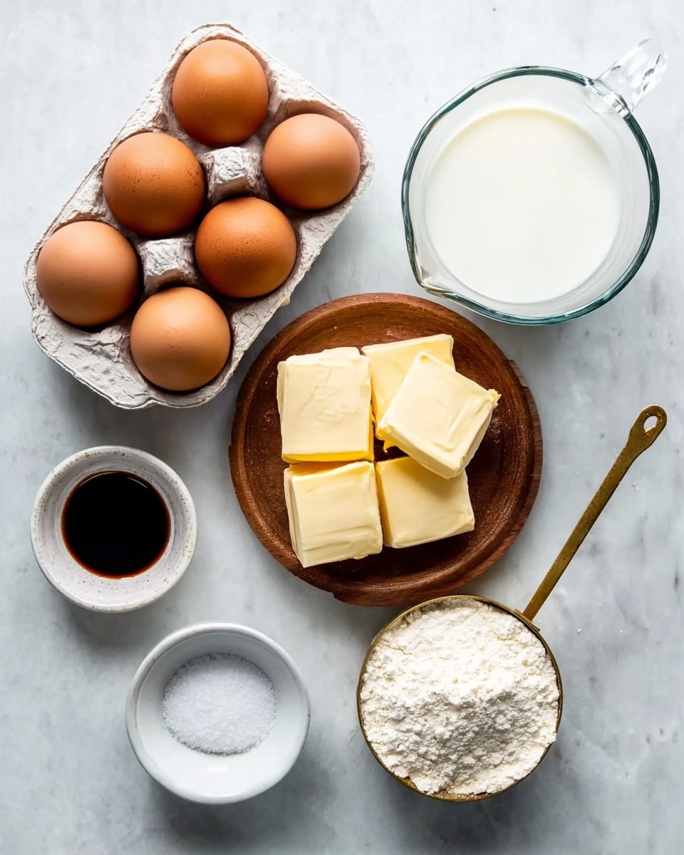 The image shows six brown eggs in a white carton on the left side. To the right of the eggs, there is a small wooden bowl holding four blocks of butter with smooth, creamy textures. Next to the butter, a glass measuring cup is filled with white milk. Below the eggs and butter, there is a small white bowl containing dark vanilla extract and another small white bowl with white salt. Lastly, a golden measuring cup holds white flour with a slightly rough texture. All the items are placed on a white marbled surface. photo taken with an iphone --ar 4:5 --v 7