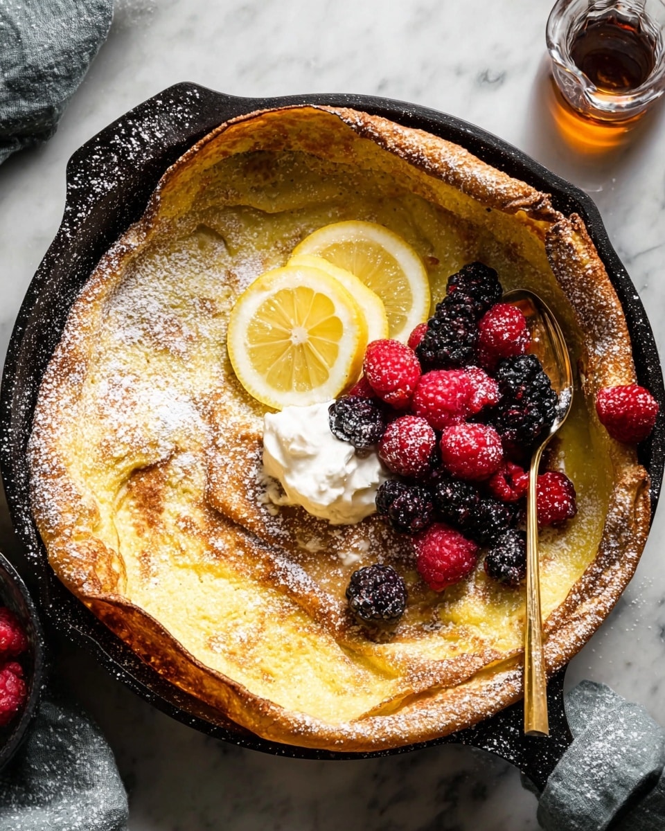 A large golden brown pancake sits in a black cast iron skillet with light powdered sugar dusted on top. On one side, there are two thin lemon slices resting on a dollop of white cream. A pile of fresh red raspberries and dark blackberries is placed on the cream and pancake, adding bright color contrast. A gold spoon lies on the pancake beside the cream and berries. The skillet is placed on a white marbled surface, with a glass container of syrup nearby photo taken with an iphone --ar 4:5 --v 7
