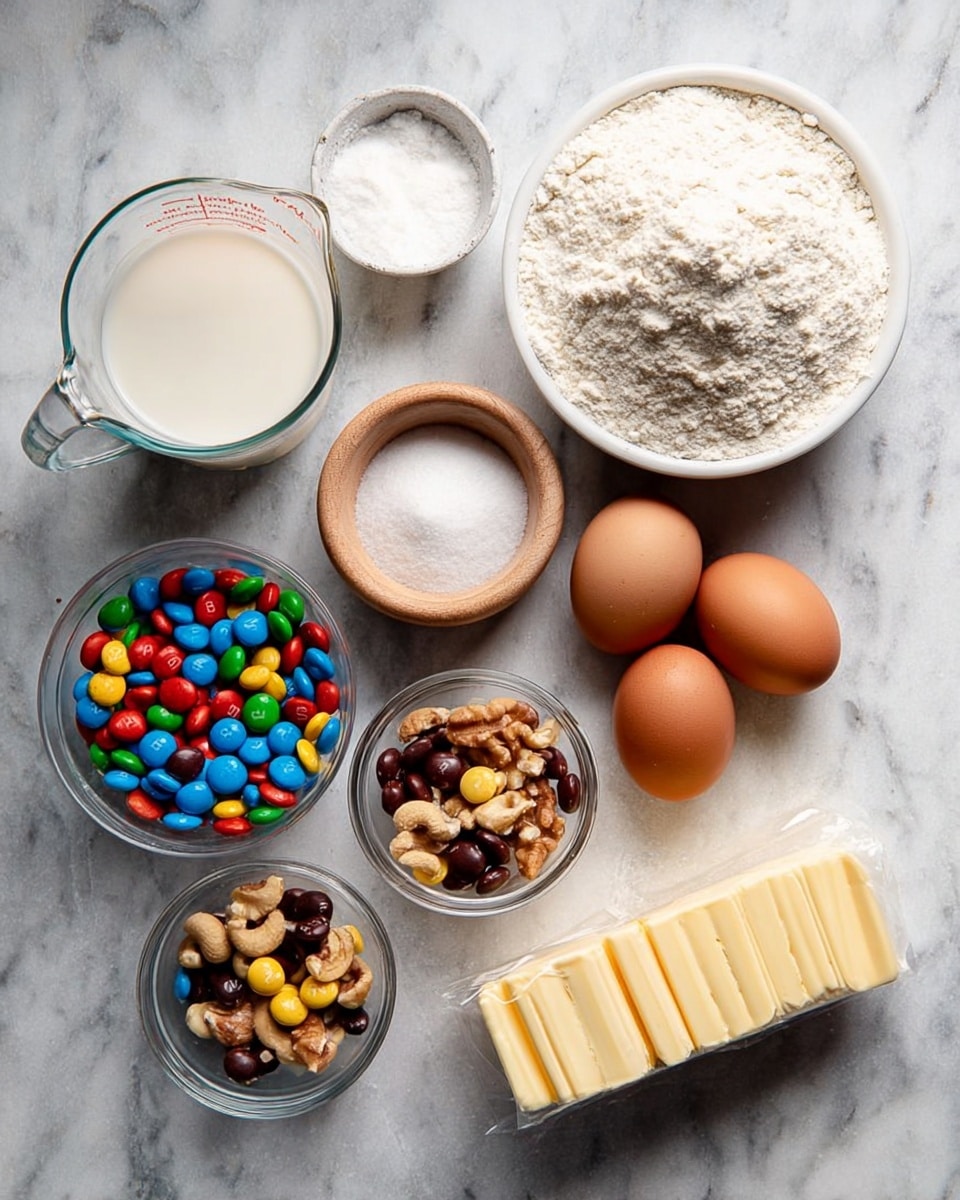 The image shows ingredients for baking neatly arranged on a white marbled surface. There is a clear glass measuring cup with milk, a white bowl filled with white flour, a small white container with light brown sugar, three brown eggs placed side by side, a small wooden bowl with white salt, a small glass bowl filled with colorful candy-coated chocolates and mixed nuts, and a stick of butter partially unwrapped with sections marked for easy use. The colors range from the creamy whites of flour and sugar to the warm browns of eggs and nuts, and bright colors of the candies add a pop of vibrance. photo taken with an iphone --ar 4:5 --v 7