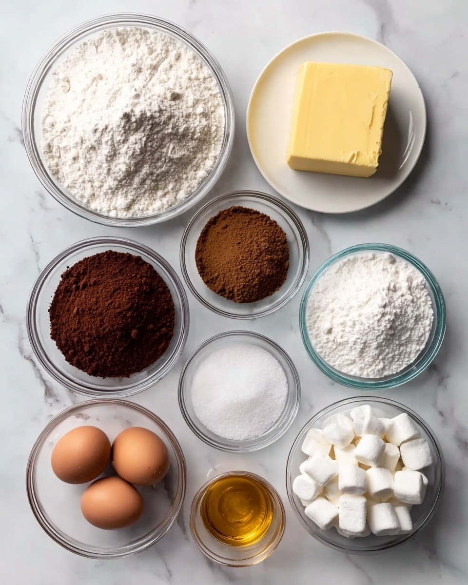 The image shows ten small clear glass bowls and one small white plate arranged neatly on a white marbled surface. Starting from the top left, there is a large bowl filled with white flour, next to it on the right is a white plate with a block of yellow butter. Below the flour, a bowl contains brown sugar, and next to it is a bowl with dark brown cocoa powder. To the right of the cocoa powder is a tiny bowl with white salt. Below the brown sugar, there is a bowl with two brown eggs side by side. To the right of the eggs are three bowls, one with white granulated sugar, one with white baking powder, and one with small white marshmallows. At the bottom center, there is a small bowl with clear golden honey. Photo taken with an iphone --ar 4:5 --v 7