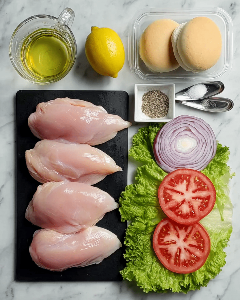 The image shows four pieces of raw chicken placed side by side on a black rectangular board with a smooth texture. To the right, there are layers of fresh green lettuce leaves at the bottom, above them are three slices of red tomato with visible seeds and juicy texture, next to the tomatoes are thin slices of purple onion with slightly curved edges, and above the onions is a small white bowl filled with mixed black and white seasoning. On the top left, a clear glass cup contains a light yellow liquid, likely oil, and next to it, a whole yellow lemon with a slightly rough surface. On the top right, there is a clear plastic container holding four round white sandwich buns with soft texture. Two silver measuring spoons with salt and white seasoning are also visible near the tomatoes and onions. All items are placed on a white marbled surface photo taken with an iphone --ar 4:5 --v 7