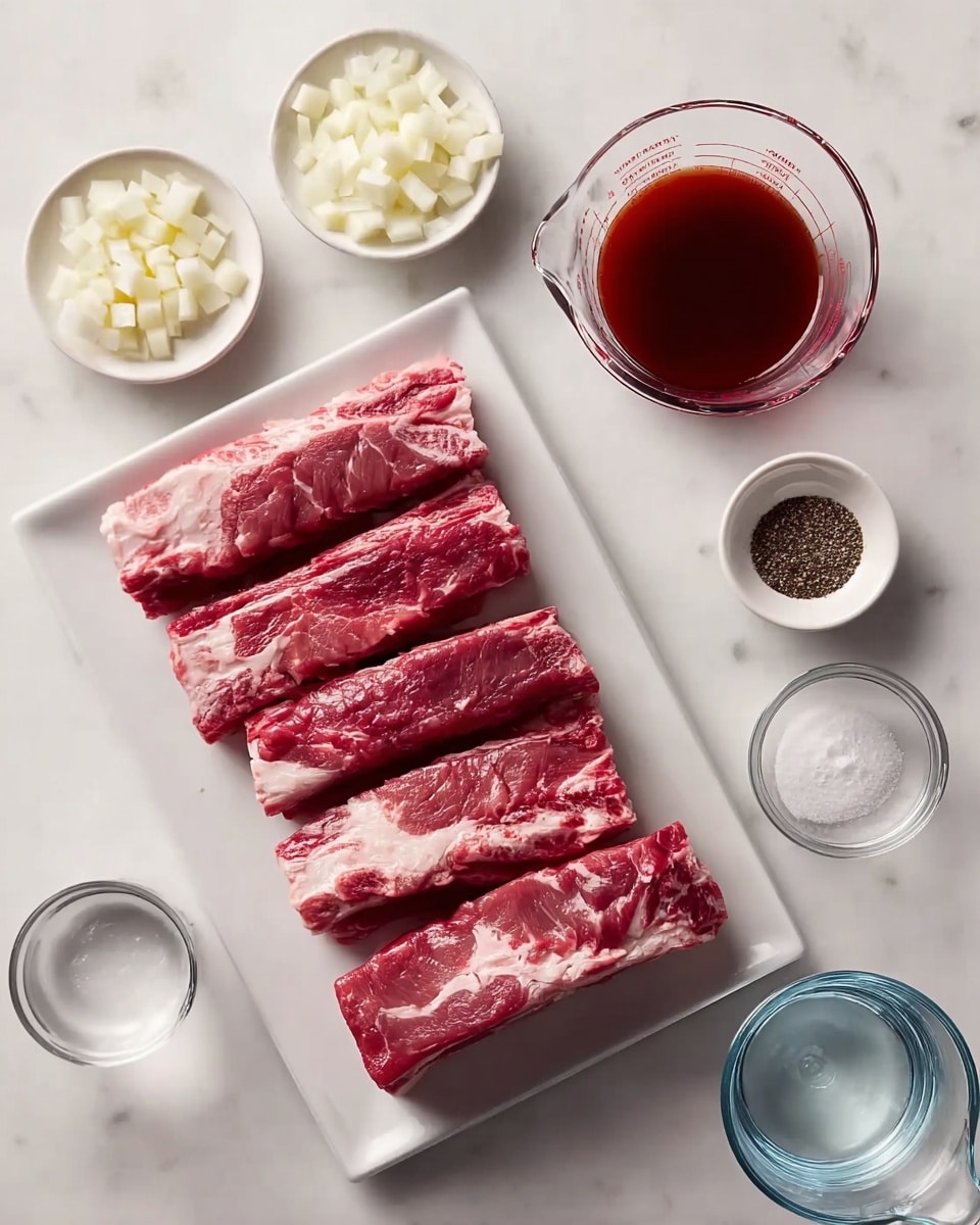 The image shows a white rectangular plate with four raw red meat ribs that have white marbling and fat on top, placed on a white marbled surface. Around the plate, there are six small bowls and a glass measuring cup arranged in a loose circle. Starting from the top and moving clockwise, the bowls contain small white chopped cubes, finely diced white onion pieces, a deep red liquid in the glass measuring cup, a small bowl with dark red sauce, a small white bowl with black pepper and salt, and a clear glass cup of water. The scene has bright, clear lighting with a clean, simple setup. Photo taken with an iphone --ar 4:5 --v 7