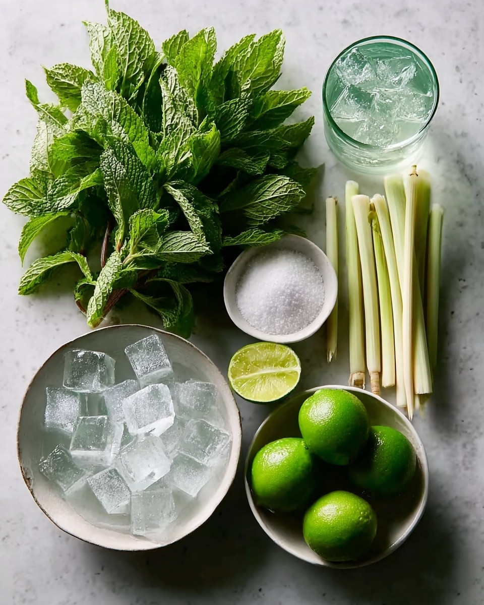 The image shows a collection of fresh ingredients arranged neatly on a white marbled surface. On the left side, there is a large bunch of bright green mint leaves with detailed textures. To the right of the mint, there is a small white bowl filled with coarse white salt placed above a larger white bowl filled with clear ice cubes that show sharp edges. Next to the salt, a lime is sliced in half revealing a light green juicy interior, and beside it, several pale green lemongrass stalks stand upright. On the bottom right, a white bowl holds four whole green limes with smooth shiny skin. At the top right corner, a clear glass contains a transparent liquid with ice cubes inside. The whole scene is lit softly, highlighting the fresh and natural colors of the ingredients, photo taken with an iphone --ar 4:5 --v 7