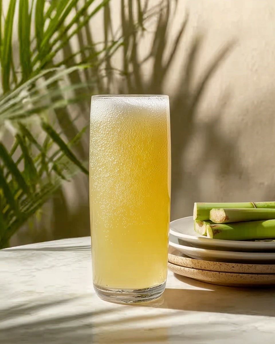 A tall clear glass filled with light yellow juice covered with tiny bubbles all over the surface, with a soft foam layer on top. The glass is placed on a white marbled table, next to a stack of white plates holding three pieces of green sugar cane. The background shows soft natural green plant leaves casting a shadow on a smooth light wall. The scene is bright with natural sunlight coming from the side. photo taken with an iphone --ar 4:5 --v 7