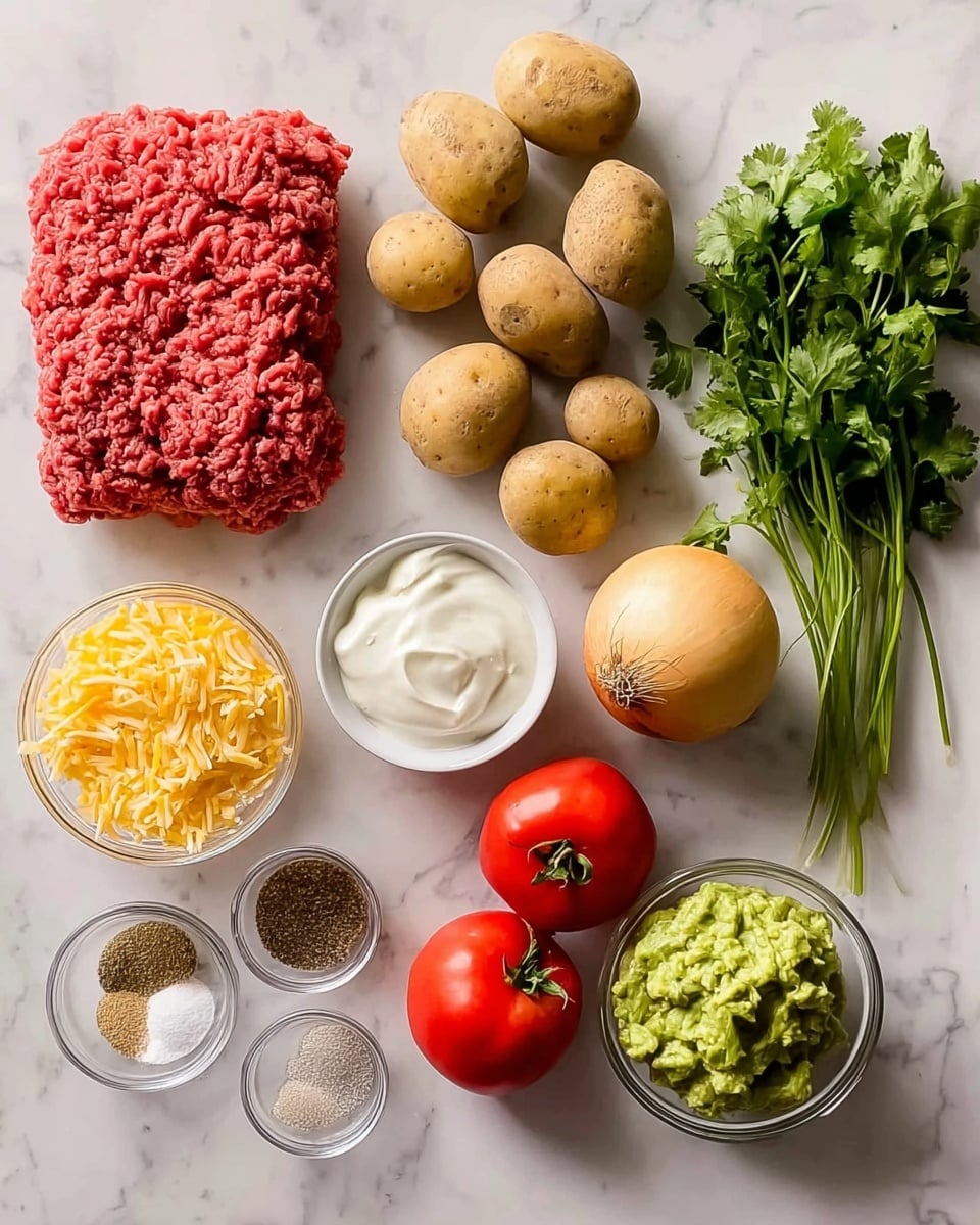 The image shows an arrangement of fresh cooking ingredients on a white marbled surface. On the left, there is a rectangular mound of raw ground meat with a bright red color and a coarse texture. Next to it are eight small round potatoes with light brown skin scattered loosely. To the right is a bunch of fresh green cilantro with leafy tops and thin stems. Below the meat, there are three plump red tomatoes with green stems placed close to each other. Near the center, a small white bowl holds smooth white sour cream. To the right of the sour cream, there is a whole yellow onion with a papery skin. Below the tomatoes, two small glass bowls contain spice mixes; one features white, yellow, and dark powders, and the other has similar spices in slightly different colors, placed near each other. In the lower middle, a small pile of shredded yellow cheese rests on white paper towels. Finally, on the bottom right, a clear glass bowl contains chunky mashed avocado with a green color. photo taken with an iphone --ar 4:5 --v 7
