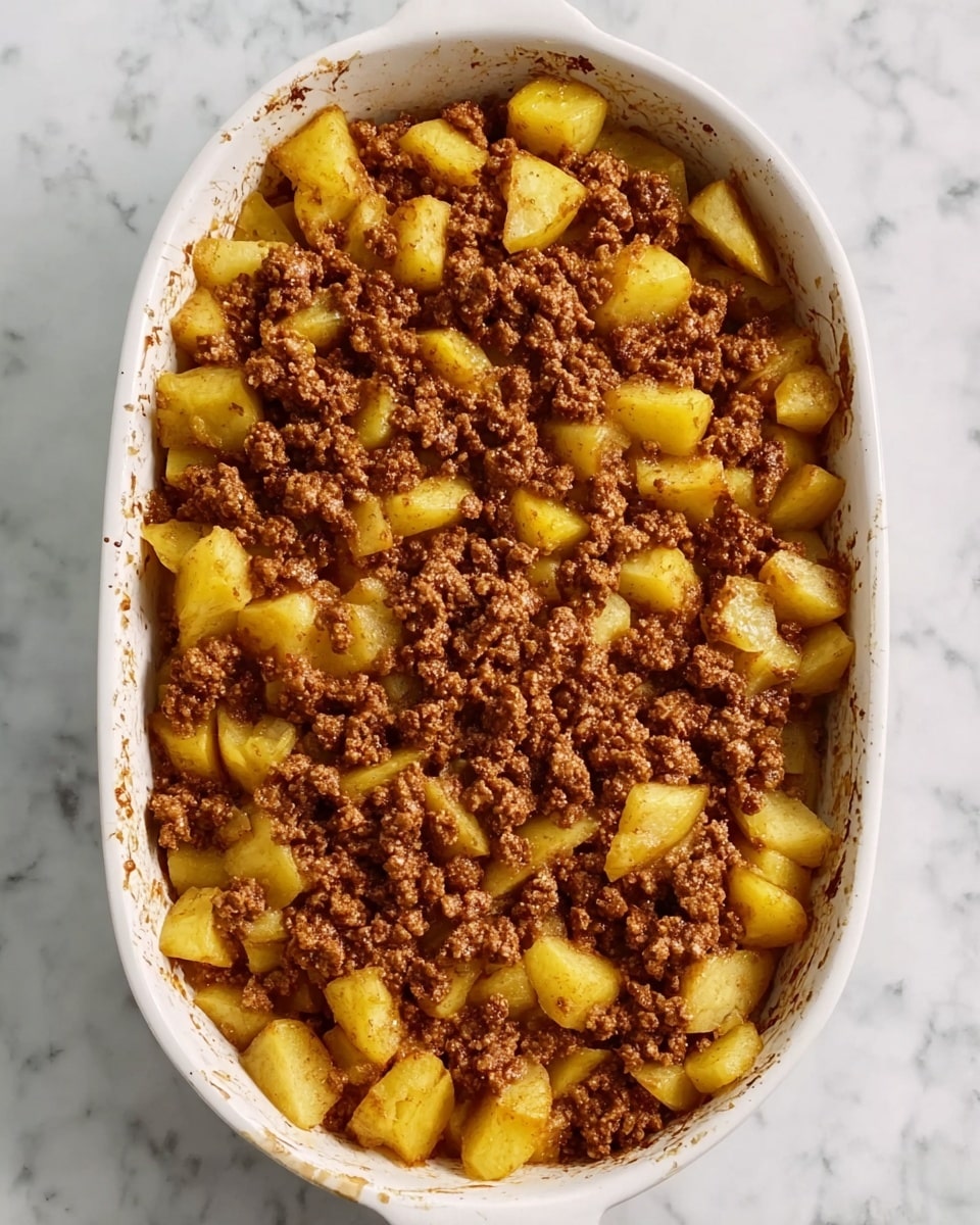 A white oval baking dish filled with two visible layers: the bottom layer consists of golden yellow roasted potato pieces, cut into small chunks with a slightly crispy texture, spread evenly across the base; the top layer is a thick layer of browned ground meat with a crumbly texture, covering most of the potatoes in the middle but leaving some edges exposed. The dish is set on a white marbled surface with some small splatters and slight browning on the edges of the dish. Photo taken with an iphone --ar 4:5 --v 7