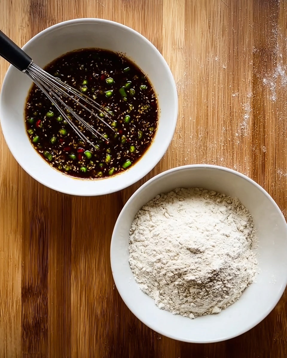 The image shows two white bowls placed side by side on a wooden surface. The left bowl contains a dark brown sauce with visible small pieces of green sliced chilies and some seeds floating in it, and a metal whisk with a black handle is resting inside the bowl. The right bowl holds a pile of fine white flour with some slight texture variance from different flour layers piled in the center. The surface beneath the bowls has a warm wooden color and grain texture. photo taken with an iphone --ar 4:5 --v 7
