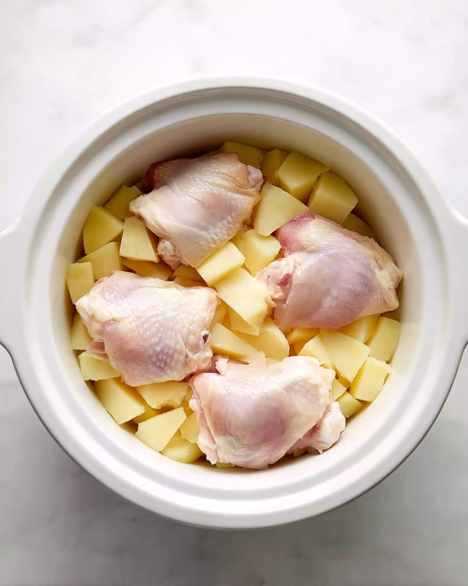 A white slow cooker bowl placed on a white marbled surface contains two layers. The bottom layer is made of evenly chopped light yellow potato cubes filling the bowl. On top, there are five raw chicken thighs with pale pink skin and some white fat, spread evenly over the potatoes. The overall colors are soft yellows and pinks inside the clean white bowl. Photo taken with an iphone --ar 4:5 --v 7