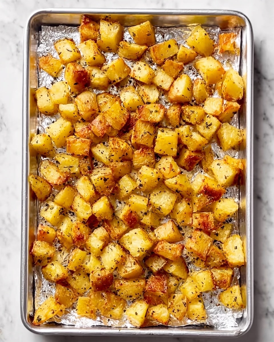 A silver baking tray lined with shiny aluminum foil holds a single layer of golden roasted potato pieces. Each potato piece is roughly cubed with some edges browned and crisp, showing hints of seasoning like black pepper and herbs scattered evenly. The potatoes have a slightly shiny, textured surface that suggests they are well cooked and slightly crisp on the outside while soft on the inside. The tray is set on a flat white marbled surface, and the image is bright and clear, showing the warm color of the potatoes. photo taken with an iphone --ar 4:5 --v 7
