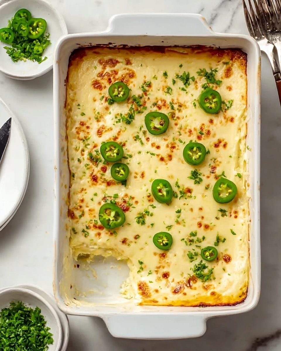 A rectangular white baking dish filled with a creamy, light golden baked casserole. The top layer is smooth, melted cheese with small browned spots, sprinkled evenly with finely chopped green herbs and thin slices of green jalapeño peppers spread across the surface. The casserole appears to be thick with visible edges where it has been scooped from one corner, showing a soft but firm texture underneath. The dish sits on a white marbled surface with a small bowl of chopped green herbs nearby and part of a white plate and silver fork visible to the side. photo taken with an iphone --ar 4:5 --v 7