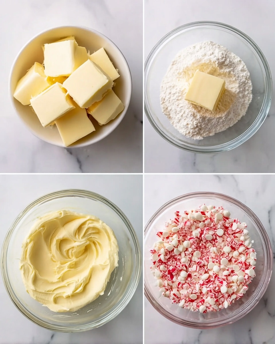 The image shows four sections arranged in a 2x2 grid on a white marbled surface. The top left has a white bowl filled with square chunks of smooth, pale yellow butter stacked loosely. The top right is a clear glass bowl containing a layer of white flour topped with a small square of butter and small white chocolate chips scattered across the surface. In the bottom left section, a clear glass bowl holds a creamy, thick, pale yellow mixture with soft swirls and a smooth texture. The bottom right shows a clear glass bowl with finely crushed crushed candy canes mixed with white chocolate chips, creating a speckled pattern of red and white small pieces evenly spread. photo taken with an iphone --ar 4:5 --v 7