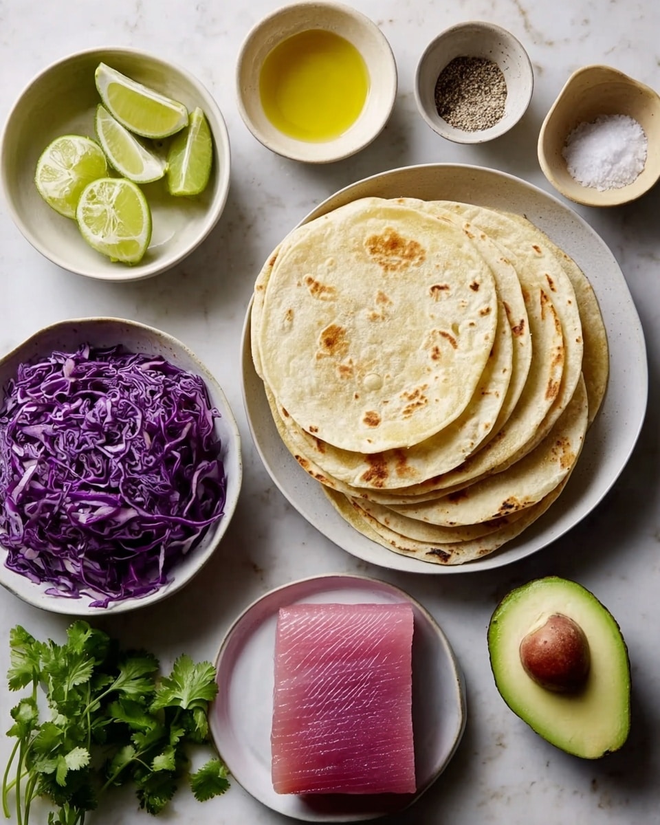 The image shows a flat white plate stacked with about six lightly browned tortillas in the center. To the upper left, a white bowl holds six lime wedges with a pale green color. Below it, fresh bright green cilantro leaves rest on the white marbled surface. At the bottom left, a white bowl is filled with finely shredded deep purple cabbage. On the bottom right, a flat white plate holds a thick, raw, rectangular piece of pink tuna. To the upper right, there is a halved avocado with green flesh and a brown seed on a white marbled background, next to a small beige bowl with yellow oil and a tiny bowl with black pepper. Above the tortillas, a small bowl contains white coarse salt, and next to it is a small jar filled with oil. The entire setting is on a white marbled surface. photo taken with an iphone --ar 4:5 --v 7