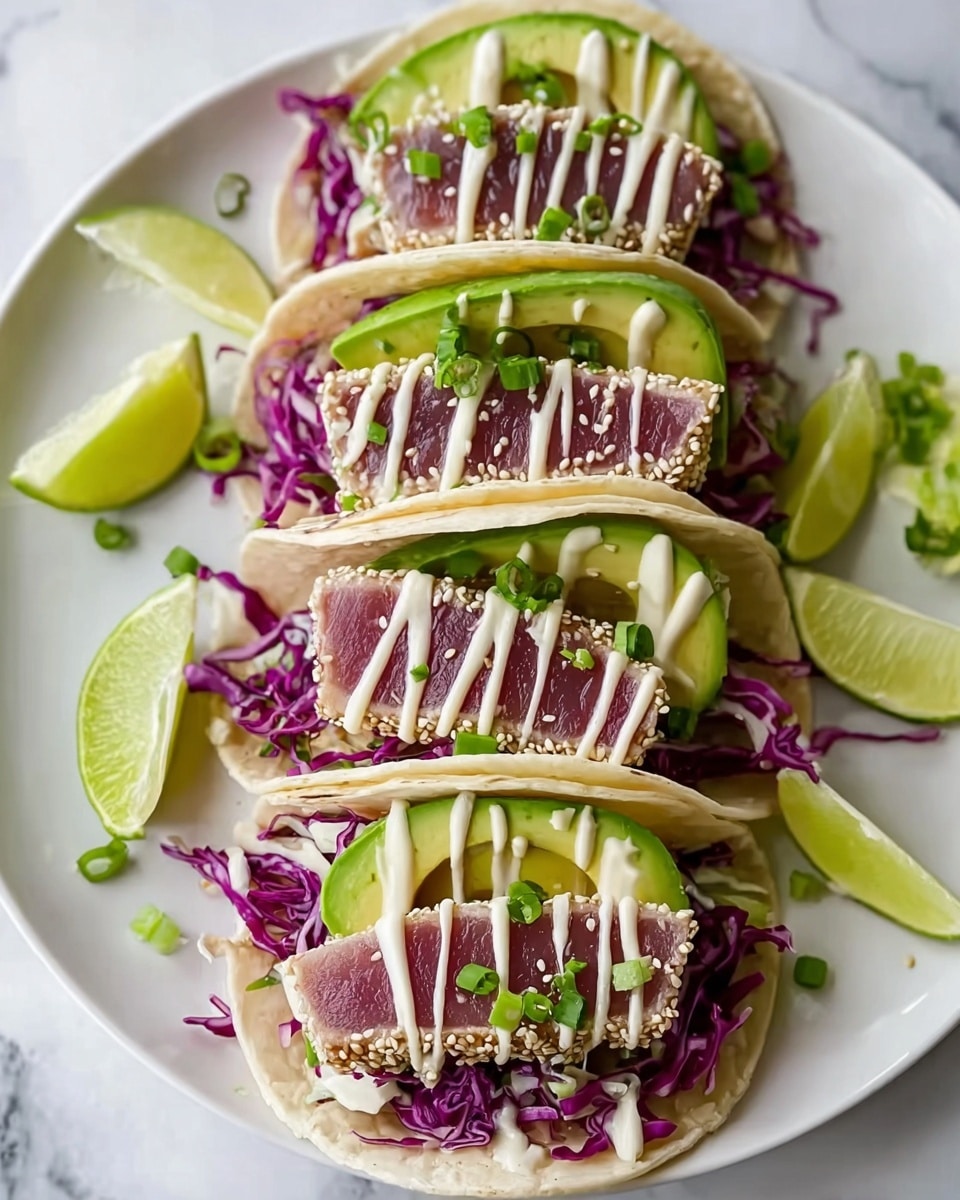 The image shows four soft white corn tortillas arranged in a row on a white plate. Each tortilla has a bottom layer of shredded green and purple cabbage, topped with a thick slice of seared tuna coated with sesame seeds. On top of the tuna, there is a slice of avocado. The tacos are drizzled with creamy white sauce in lines across the top, and small green onion slices are sprinkled over the cabbage. Lime wedges are placed around the edges of the plate. The background is a white marbled surface. photo taken with an iphone --ar 4:5 --v 7