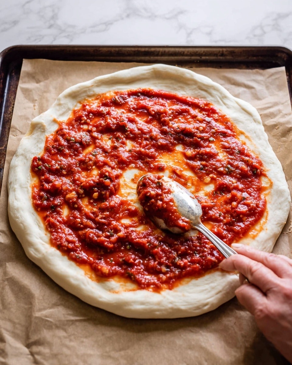 A white round pizza dough with a thick, puffy edge rests on parchment paper on a dark baking tray. A woman's hand is holding a spoon spreading bright red tomato sauce thickly over the dough, leaving the crust edge clean. The sauce is chunky with visible bits of tomato and herbs, covering the dough unevenly. The background shows a white marbled texture. Photo taken with an iphone --ar 4:5 --v 7