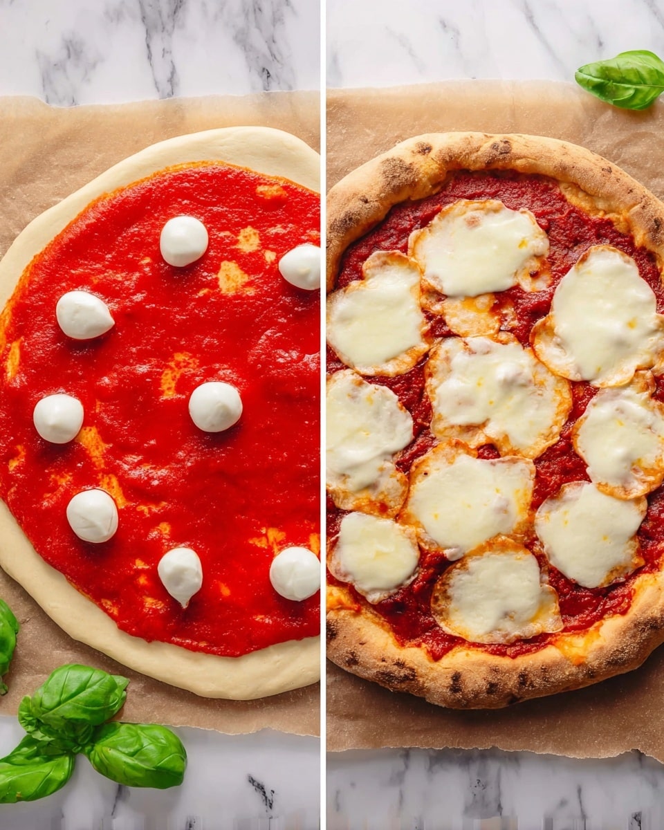 The image shows two views of a pizza on parchment paper over a white marbled surface. The first view on the left shows an uncooked pizza dough round with a smooth light tan color layer. On top is a thick, chunky bright red tomato sauce spread evenly across the dough but leaving a border around the edges. Scattered over the tomato sauce are small, round balls of fresh white mozzarella cheese arranged in two inner circles. The second view on the right shows the baked pizza with the crust browned and puffed, slightly uneven in shape. The tomato sauce layer appears darker red and thicker. The mozzarella has melted into irregular oval patches of smooth creamy white melted cheese with light golden spots around the edges. Green basil leaves rest near the bottom corner on the white marbled surface. Photo taken with an iphone --ar 4:5 --v 7