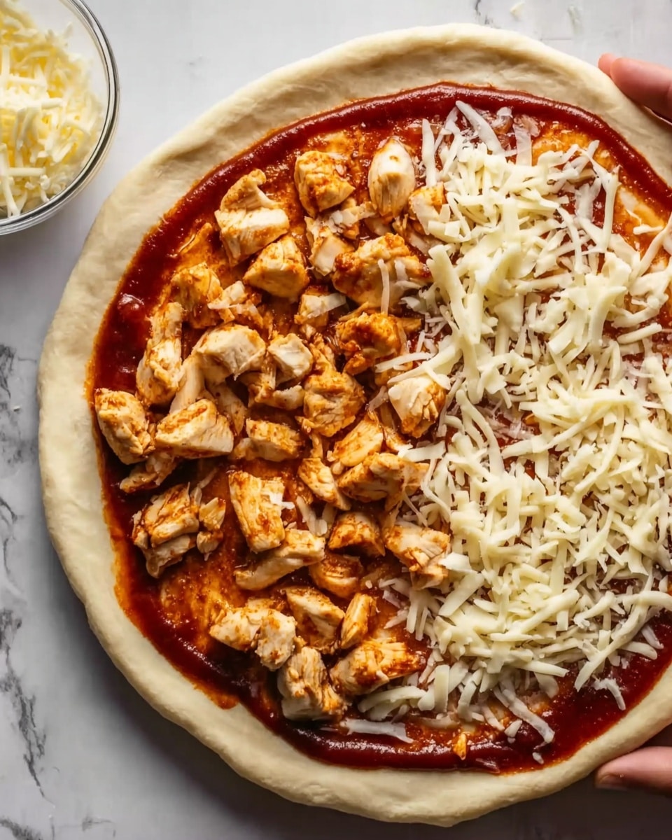 A round pizza dough base with a thick, pale crust is shown on a white marbled surface, half covered in red sauce. On the sauced area, there are chunks of cooked chicken in an orangish-brown color spread mostly on the right side. Shredded white cheese is scattered unevenly over the pizza, focused more on the left half with smaller amounts on the right near the chicken. In the top left corner, a white bowl with shredded cheese is partially visible. A woman's hand is holding the pizza from the left edge. Photo taken with an iphone --ar 4:5 --v 7