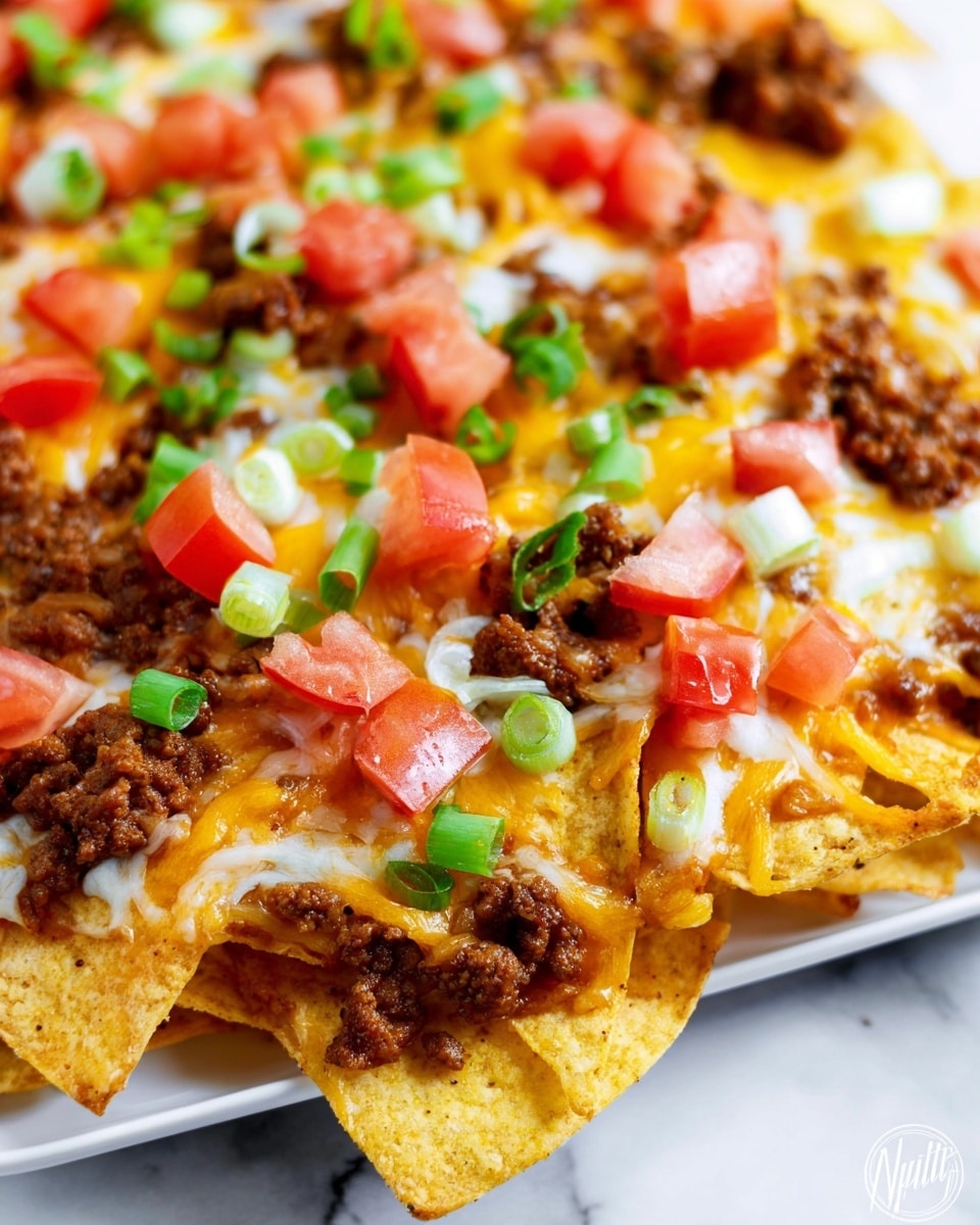 A close-up view of a plate filled with nachos showing three main layers: the bottom layer is crispy yellow tortilla chips, the middle layer consists of browned ground beef scattered evenly, and the top layer is melted cheddar and white cheese draped over the chips and meat. Fresh diced red tomatoes and chopped green onions are sprinkled on top, adding a pop of color and freshness. The plate is white, with the dish placed on a white marbled surface. Photo taken with an iphone --ar 4:5 --v 7