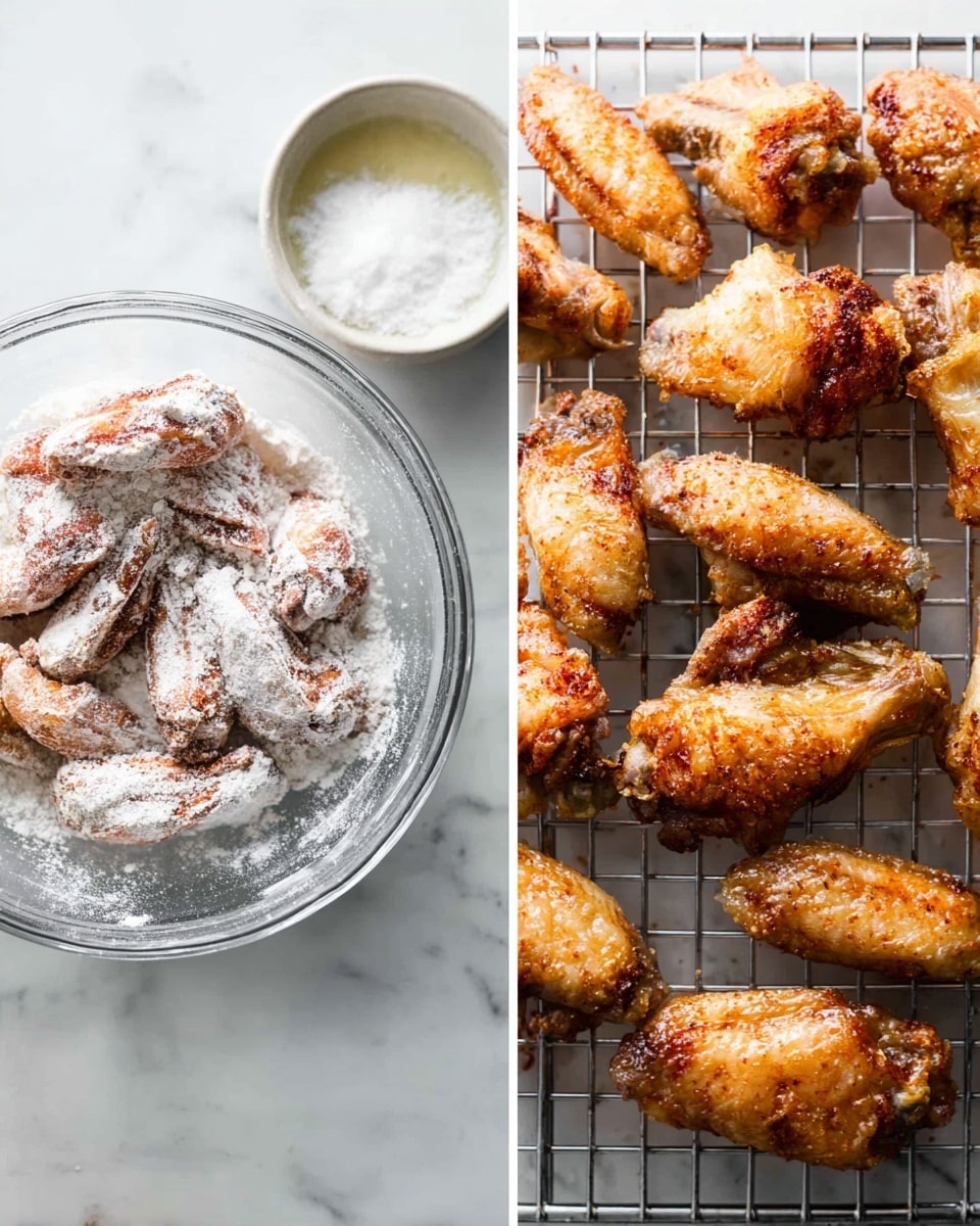 The image is split into two parts showing the preparation and cooking of chicken wings. On the left side, a clear glass bowl holds raw chicken wings covered in white flour and red spices, with a small white bowl of salt placed near the top of the frame on a white marbled surface. On the right side, golden-brown cooked chicken wings with a crispy texture are arranged on a wire rack, allowing the light to highlight their browned and slightly rough skin, all set on a white marbled surface. Photo taken with an iphone --ar 4:5 --v 7
