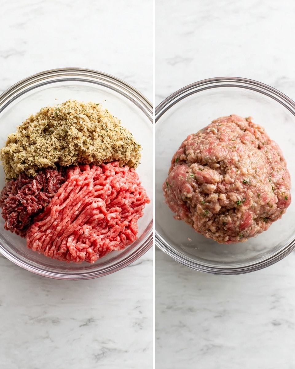 The image shows two clear glass bowls on a white marbled surface. The left bowl contains four separate layers of different ingredients: a textured beige layer with herbs and spices, a dark red layer of raw ground meat, a bright pink layer of raw ground meat, and a light pink layer of raw ground meat. The right bowl shows the same ingredients mixed together into one round, smooth, pale pink and beige mixture with specks of herbs visible throughout. Photo taken with an iphone --ar 4:5 --v 7