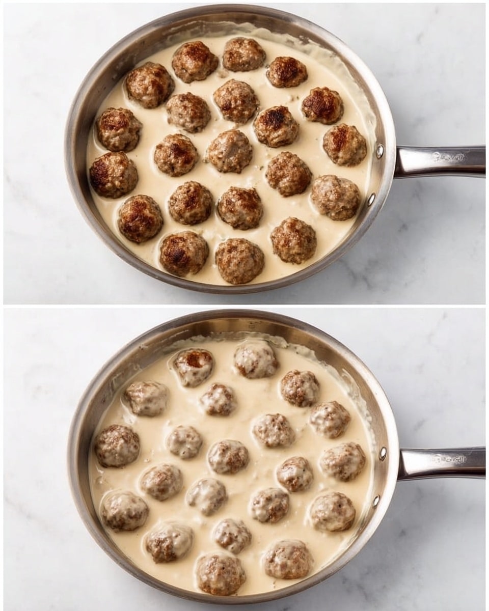 The image shows two views of a stainless steel pan on a white marbled surface. In the first view, the pan contains many round, browned meatballs placed in a single layer, partially covered with creamy light beige sauce, showing both the texture of the browned meatballs and the smooth sauce. In the second view, the same pan is filled with meatballs fully covered in the thick creamy beige sauce, giving a soft and mixed texture look that blends the meatballs with the sauce. The pan handle extends out of the frame. photo taken with an iphone --ar 4:5 --v 7