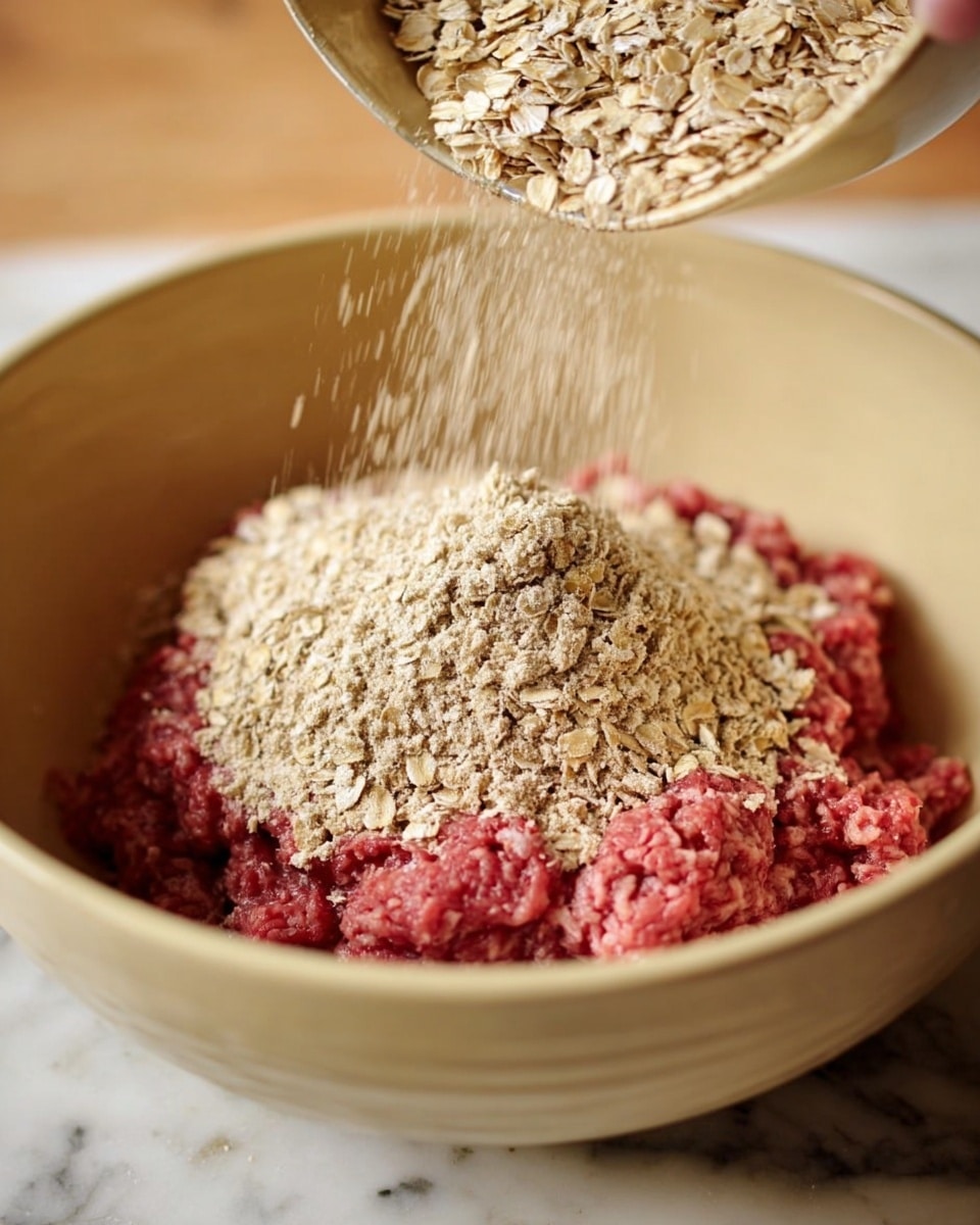The image shows a close-up of a beige bowl filled with raw ground meat and a large pile of oats being poured on top from above. The ground meat forms a red, slightly textured base layer inside the bowl, with the light brown oats creating a coarse, uneven mound at the center. The setting is a white marbled surface, adding brightness to the scene. The woman's hand holding the container is not visible in detail but present at the top edge, adding movement and action to the composition. Photo taken with an iphone --ar 4:5 --v 7
