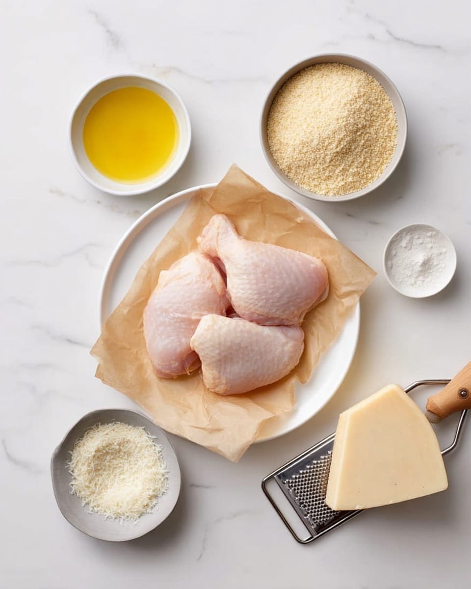 The image shows six cooking ingredients placed neatly on a white marbled surface. In the center is a white plate lined with light brown parchment paper, holding four raw pale pink chicken pieces with smooth texture. To the top left, there is a small white bowl filled with bright yellow oil, shining under the light. Below this bowl, a smaller white plate holds a small measuring scoop filled with fine white flour powder. To the top right of the chicken plate, a shallow white bowl contains a light tan breadcrumb mixture, grainy and dry in texture. Below this bowl, a gray bowl filled with finely grated white cheese rests on the surface. Next to it on the right, a chunk of pale yellow cheese is placed on a wooden cheese grater with a small handle. The whole arrangement is orderly and well spaced. photo taken with an iphone --ar 4:5 --v 7