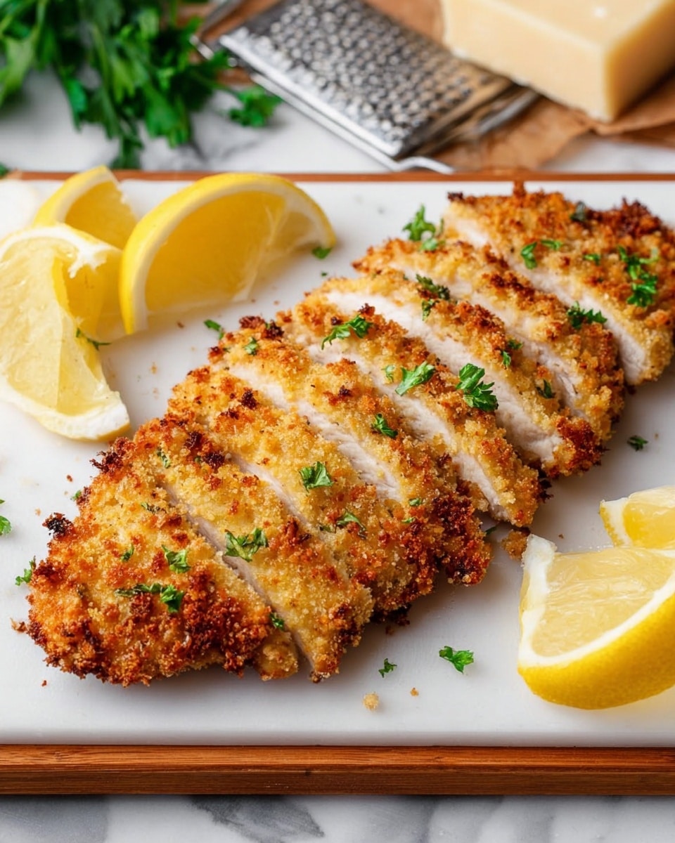 A sliced golden brown breaded chicken fillet is arranged in the middle of a white, rectangular wooden board. The chicken is crispy with a rough, crumb topping and sprinkled with small green parsley pieces. On the left and right sides of the chicken, there are fresh lemon wedges, one on its side and the other slightly cut in half. The background is a white marbled surface, with some green herbs and a block of cheese and a grater blurred softly in the back. photo taken with an iphone --ar 4:5 --v 7
