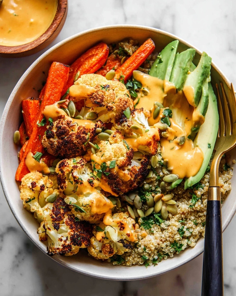 A white bowl filled with four main layers, starting with cooked quinoa mixed with chopped green herbs on the bottom right. On top of the quinoa, there are roasted orange carrot slices placed mostly on the left side. Next, several pieces of roasted cauliflower with a browned, crispy texture are arranged on top, some touching the carrots and quinoa. On the top right, there are thin slices of bright green avocado fanned out. The whole dish is drizzled with a smooth yellow-orange sauce and garnished with scattered green pumpkin seeds and small chopped herbs. A gold and black-handled fork rests on the bowl’s right edge, and the bowl sits on a white marbled textured surface photo taken with an iphone --ar 4:5 --v 7