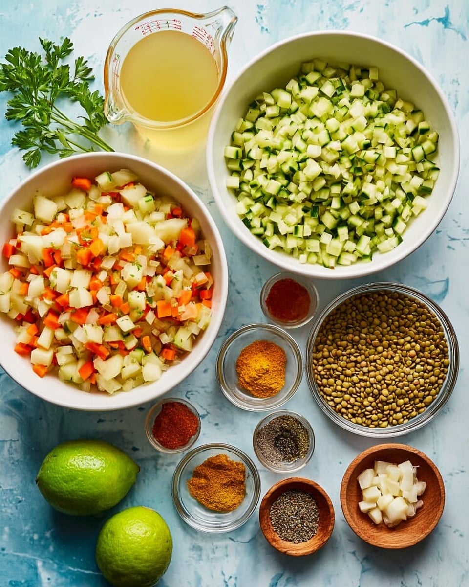 A top view of various cooking ingredients arranged on a white marbled surface. There are three white bowls: one filled with chopped potatoes, celery, carrots, and onions mixed together; another bowl with chopped green zucchini; and the third with green lentils. Near the bowls, there is a glass measuring cup with a light yellow liquid. Around these main containers, there are small clear and wooden bowls holding different spices and seasonings including turmeric, ground spices, garlic pieces, black and white pepper, and fresh green parsley. Two green limes are also placed on the surface. photo taken with an iphone --ar 4:5 --v 7