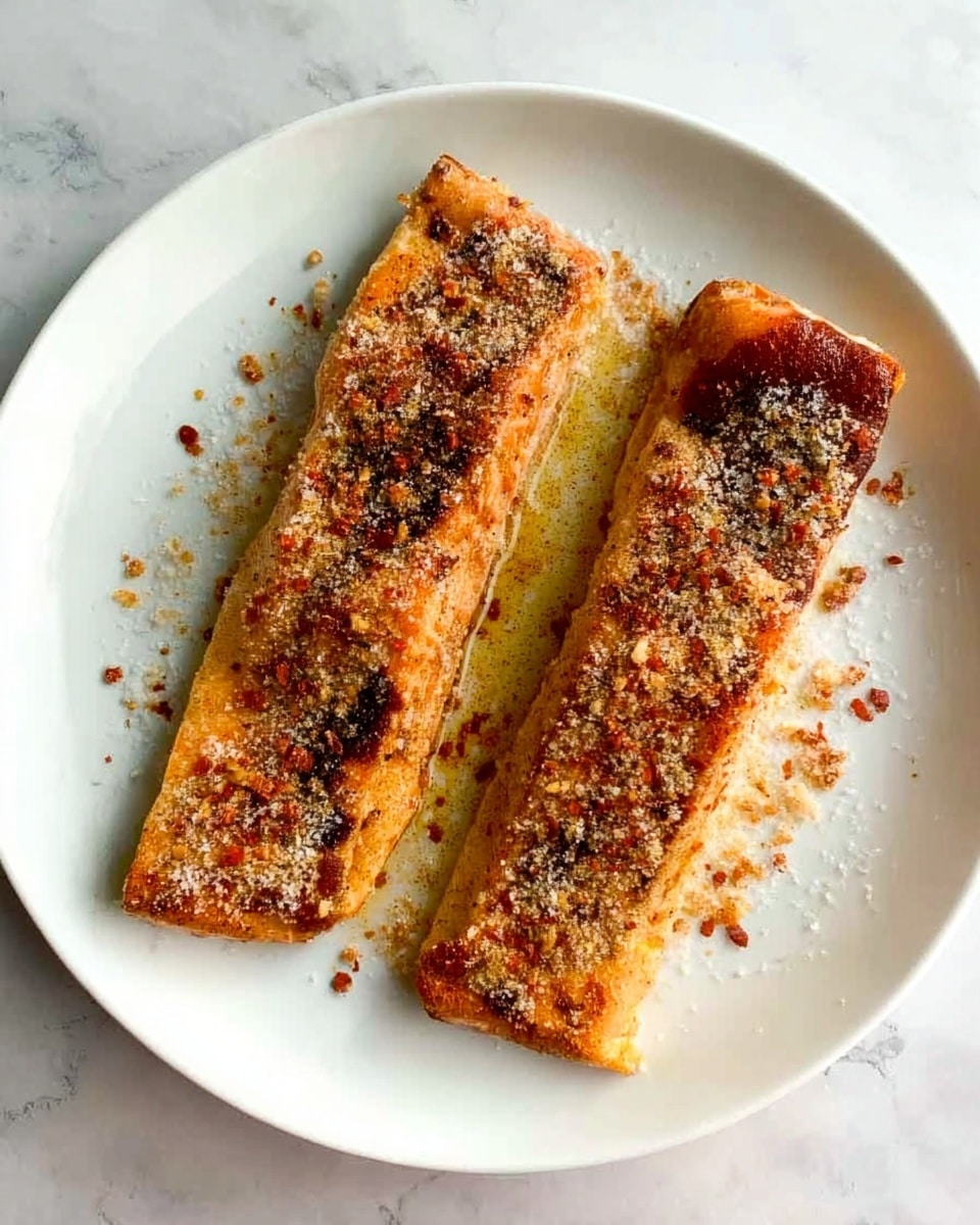 Two long, rectangular pieces of cooked fish lay side by side on a white plate, each topped with a golden brown layer sprinkled with a mix of reddish spices and coarse white salt. The surface beneath the plate is a white marbled texture, adding a clean and bright look to the image. photo taken with an iphone --ar 4:5 --v 7